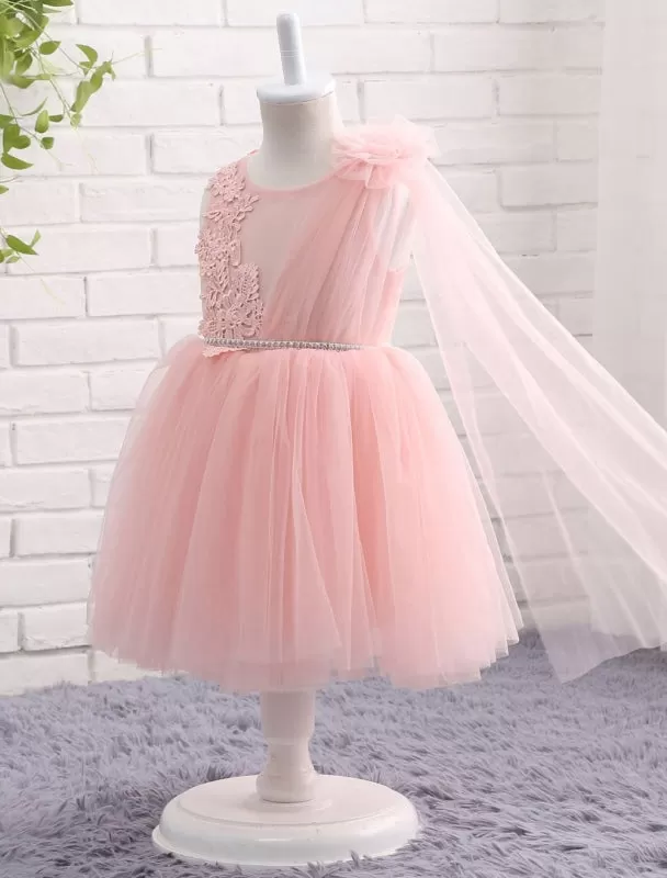 Blush Pink Little Flower Girl Dress Tulle Lace Applique Princess Knee Length  Pageant Dress With Side Draping