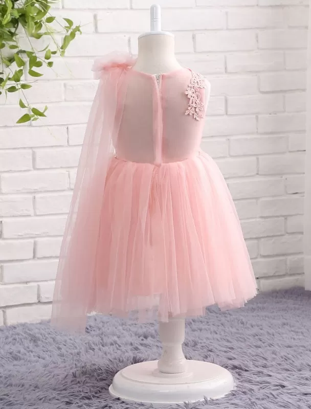 Blush Pink Little Flower Girl Dress Tulle Lace Applique Princess Knee Length  Pageant Dress With Side Draping