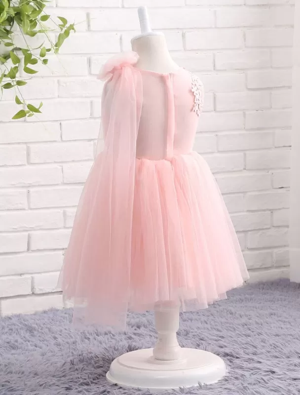 Blush Pink Little Flower Girl Dress Tulle Lace Applique Princess Knee Length  Pageant Dress With Side Draping