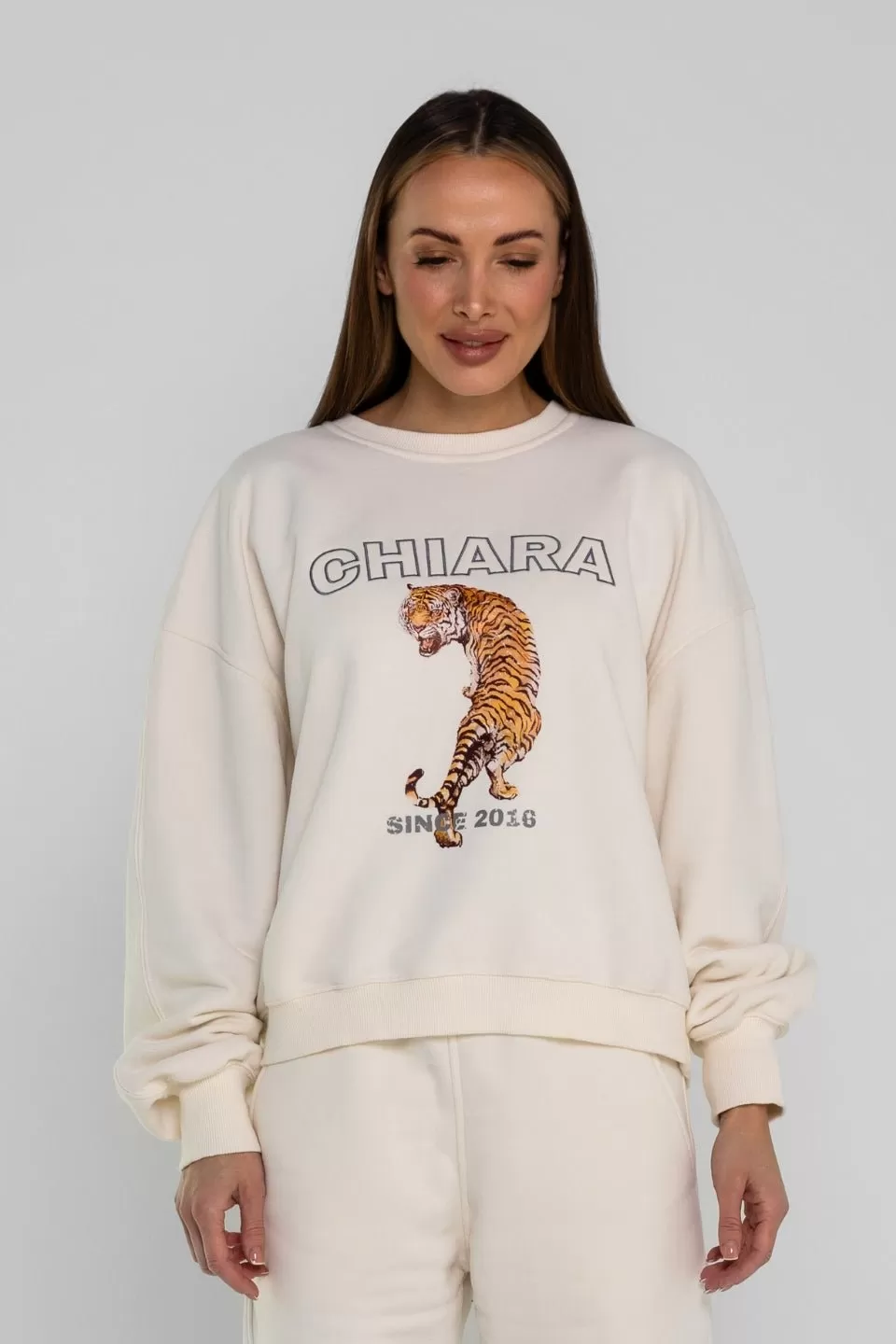 Bluza damska oversize - ecru NADRUK RETRO TIGER