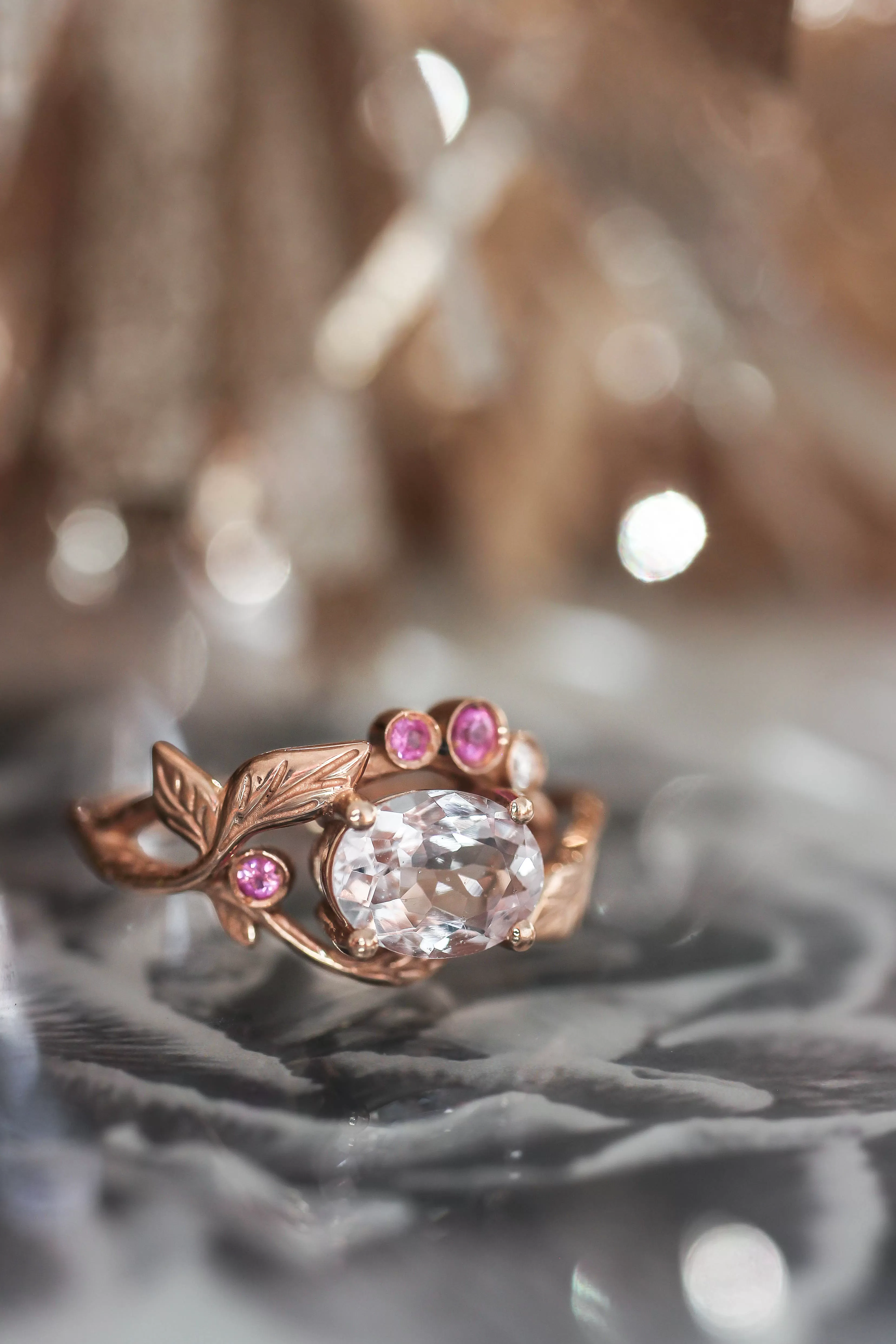 Branch engagement ring with morganite, pink sapphires and diamond