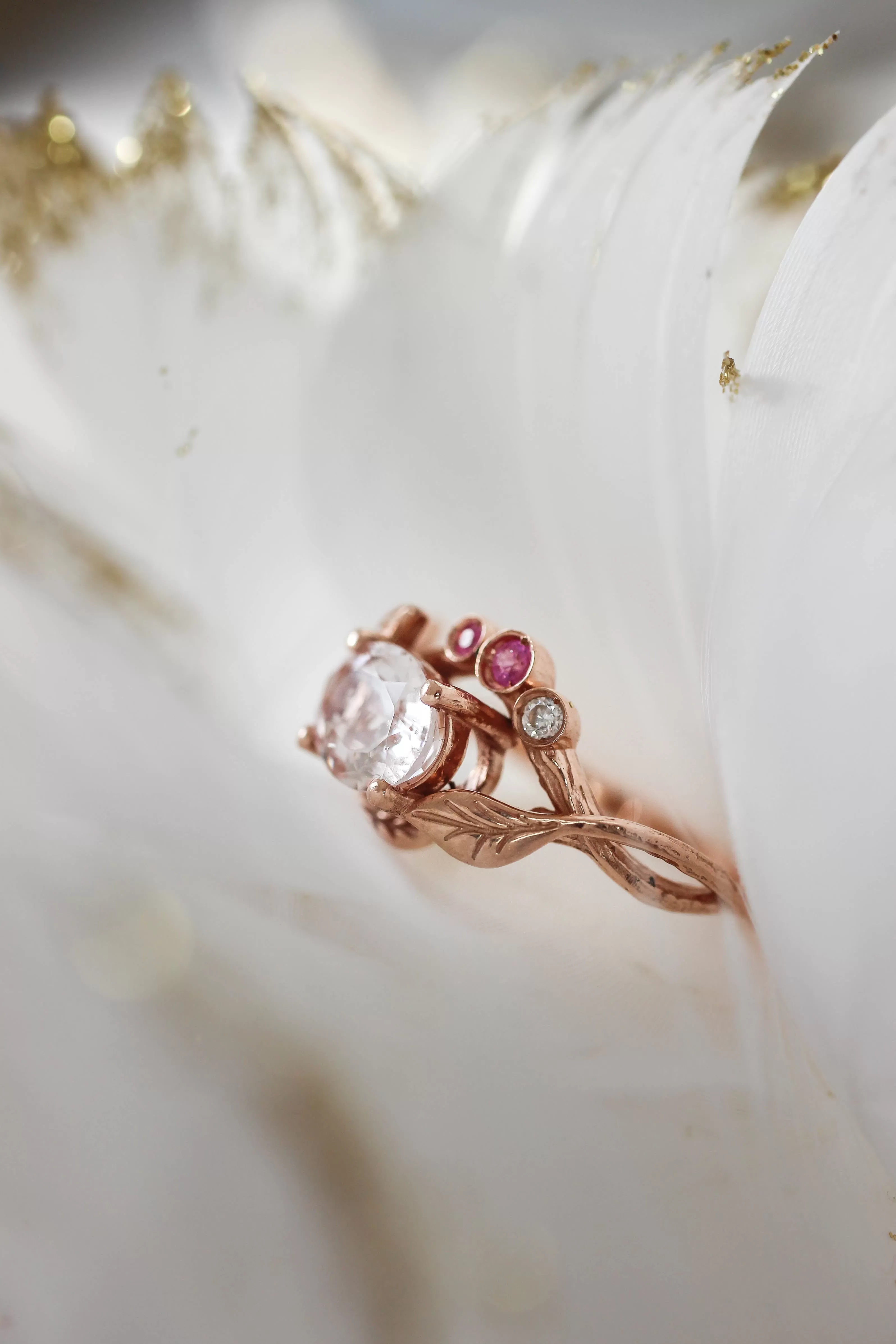 Branch engagement ring with morganite, pink sapphires and diamond