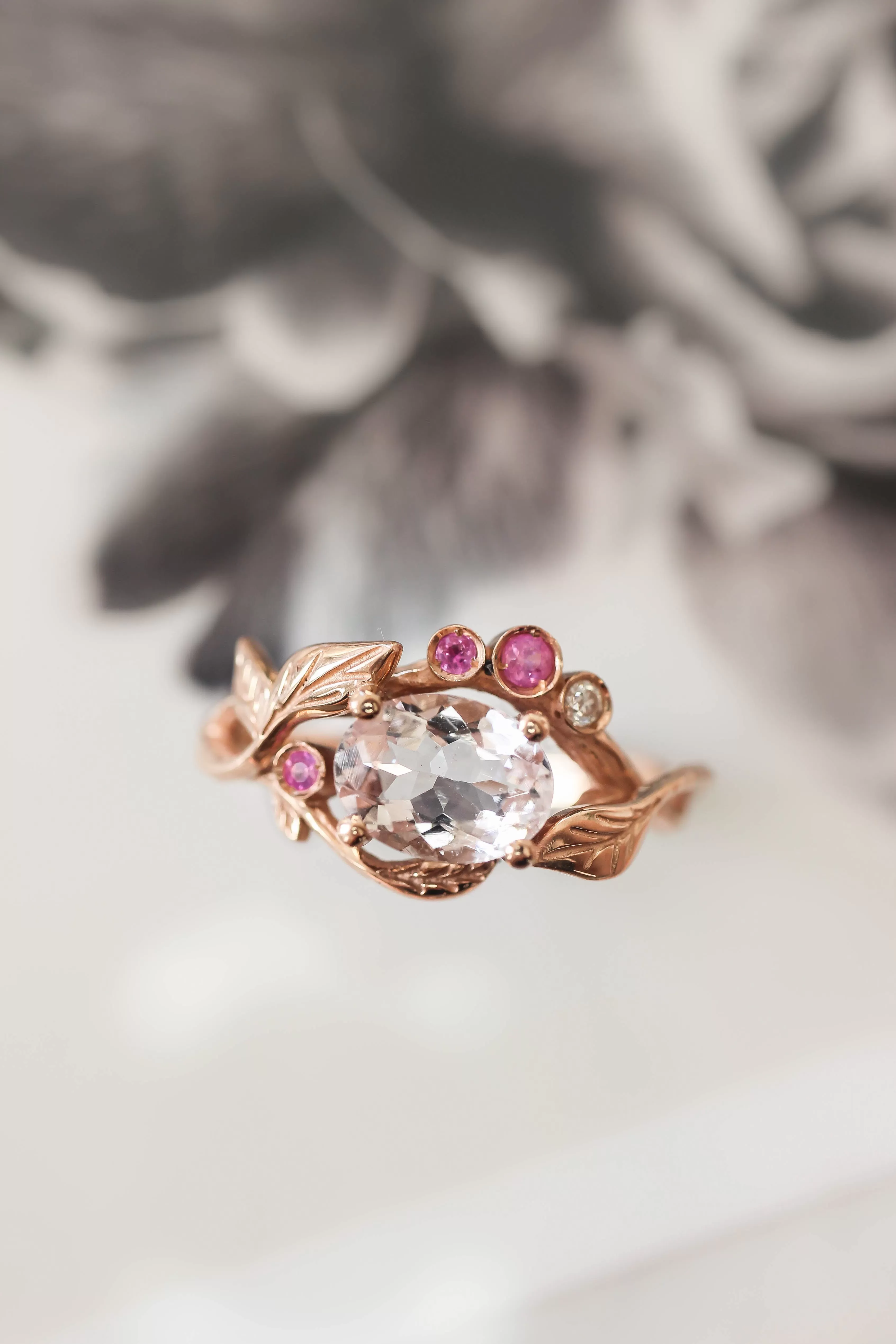 Branch engagement ring with morganite, pink sapphires and diamond