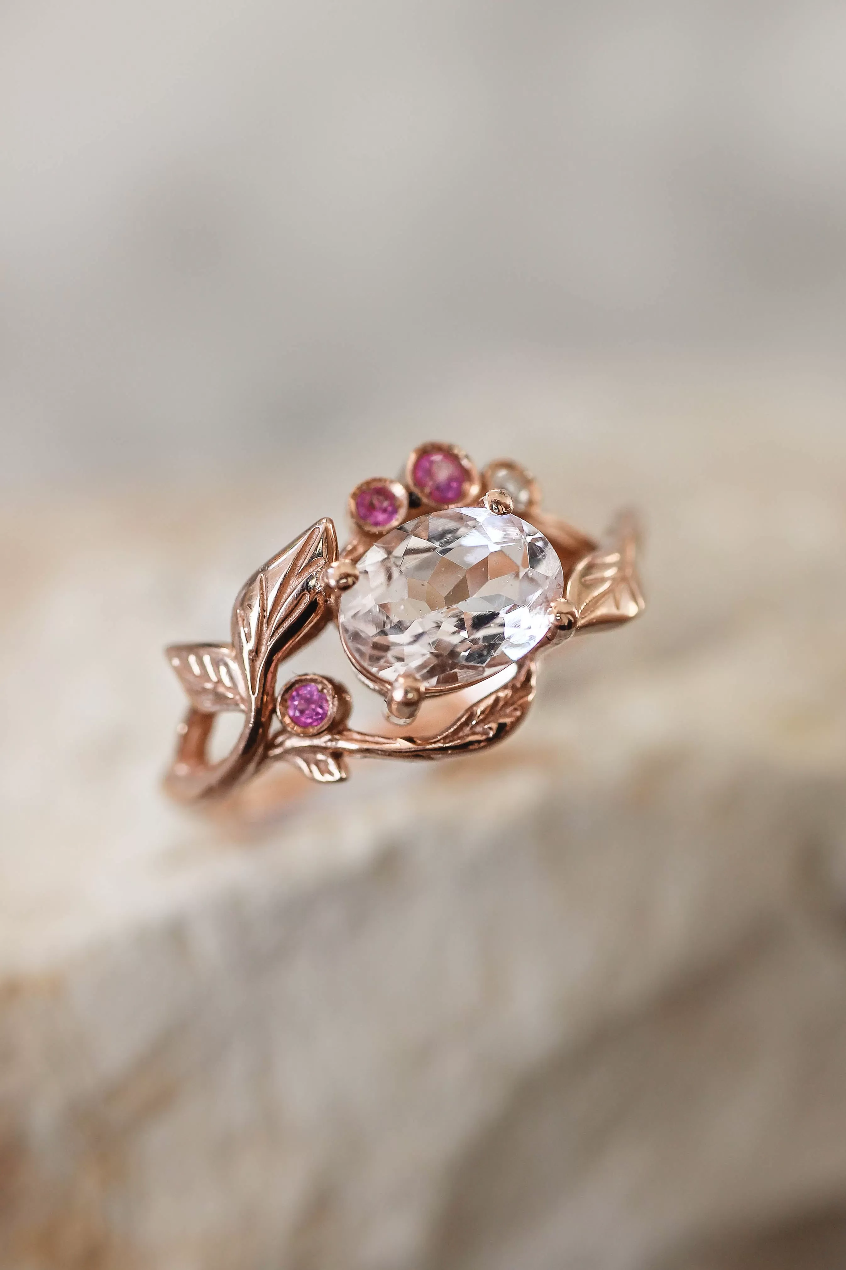 Branch engagement ring with morganite, pink sapphires and diamond