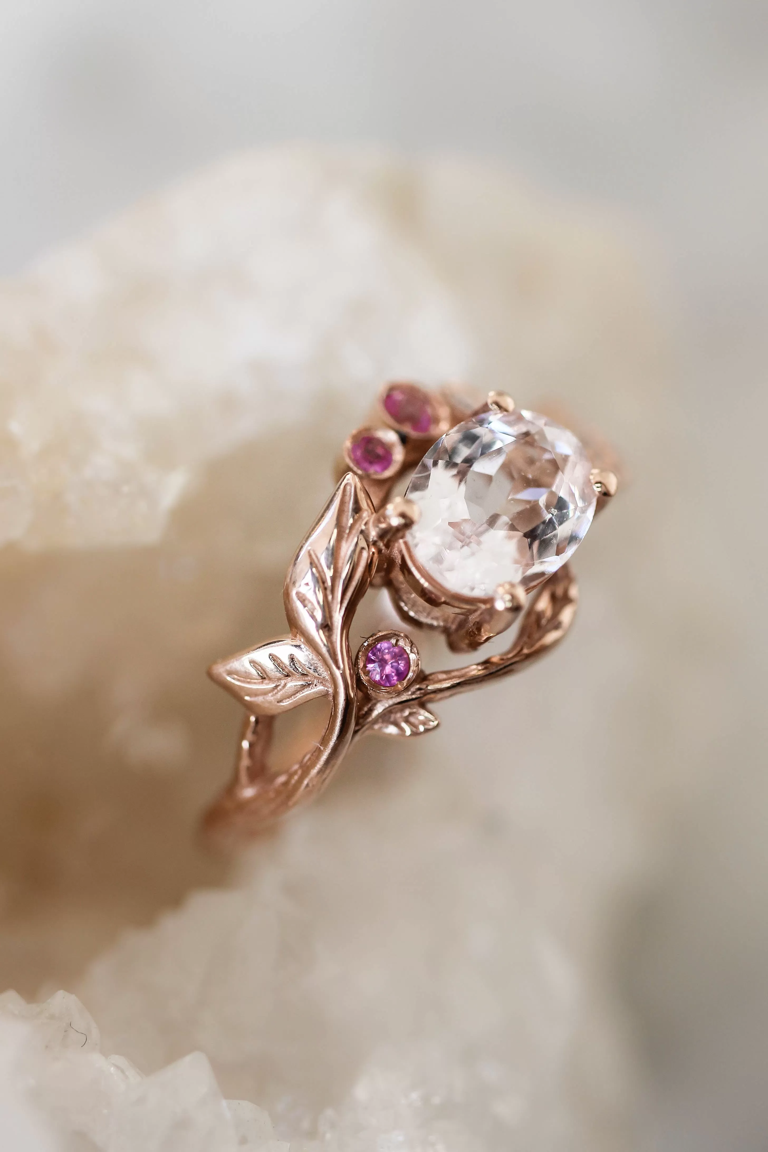 Branch engagement ring with morganite, pink sapphires and diamond