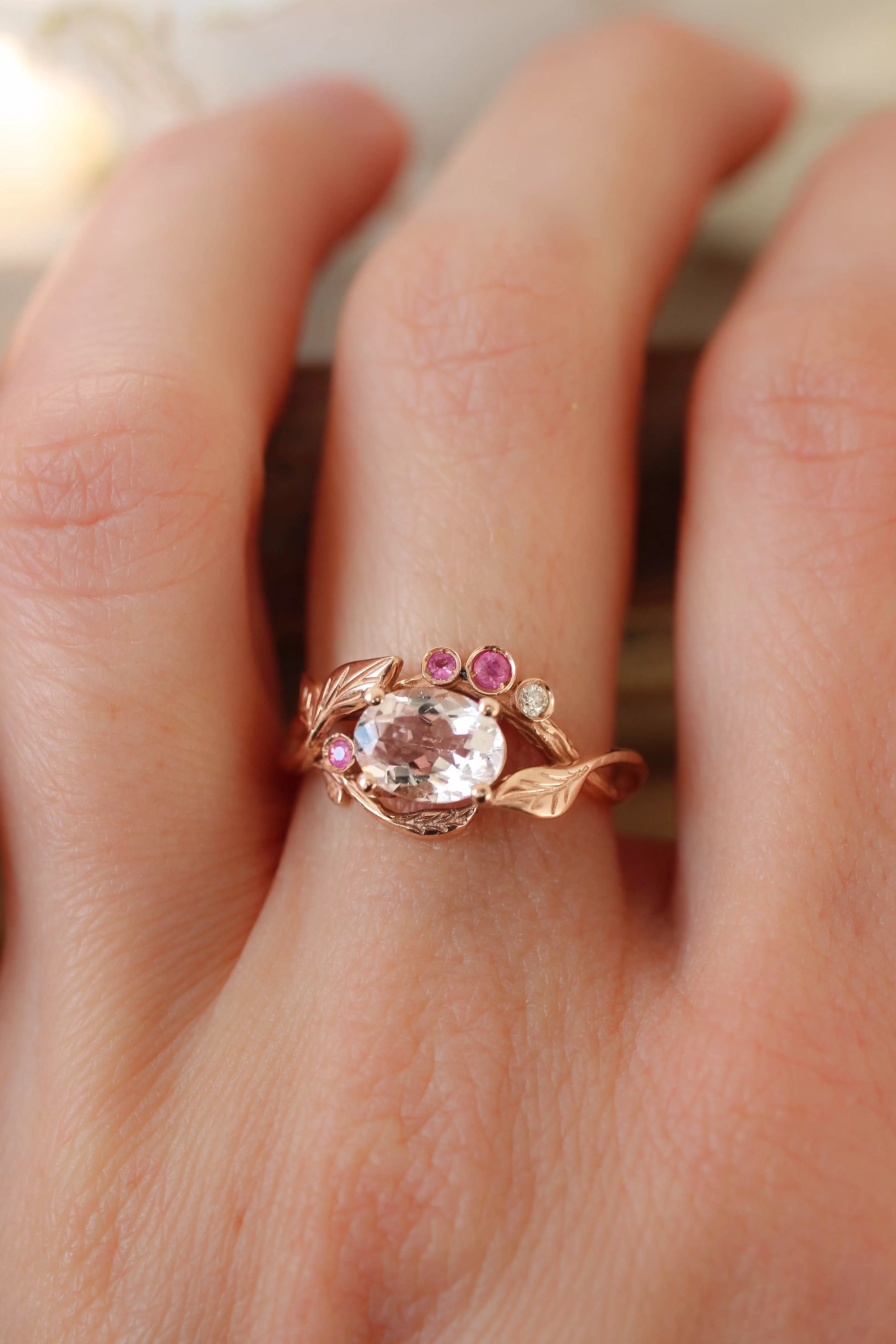 Branch engagement ring with morganite, pink sapphires and diamond