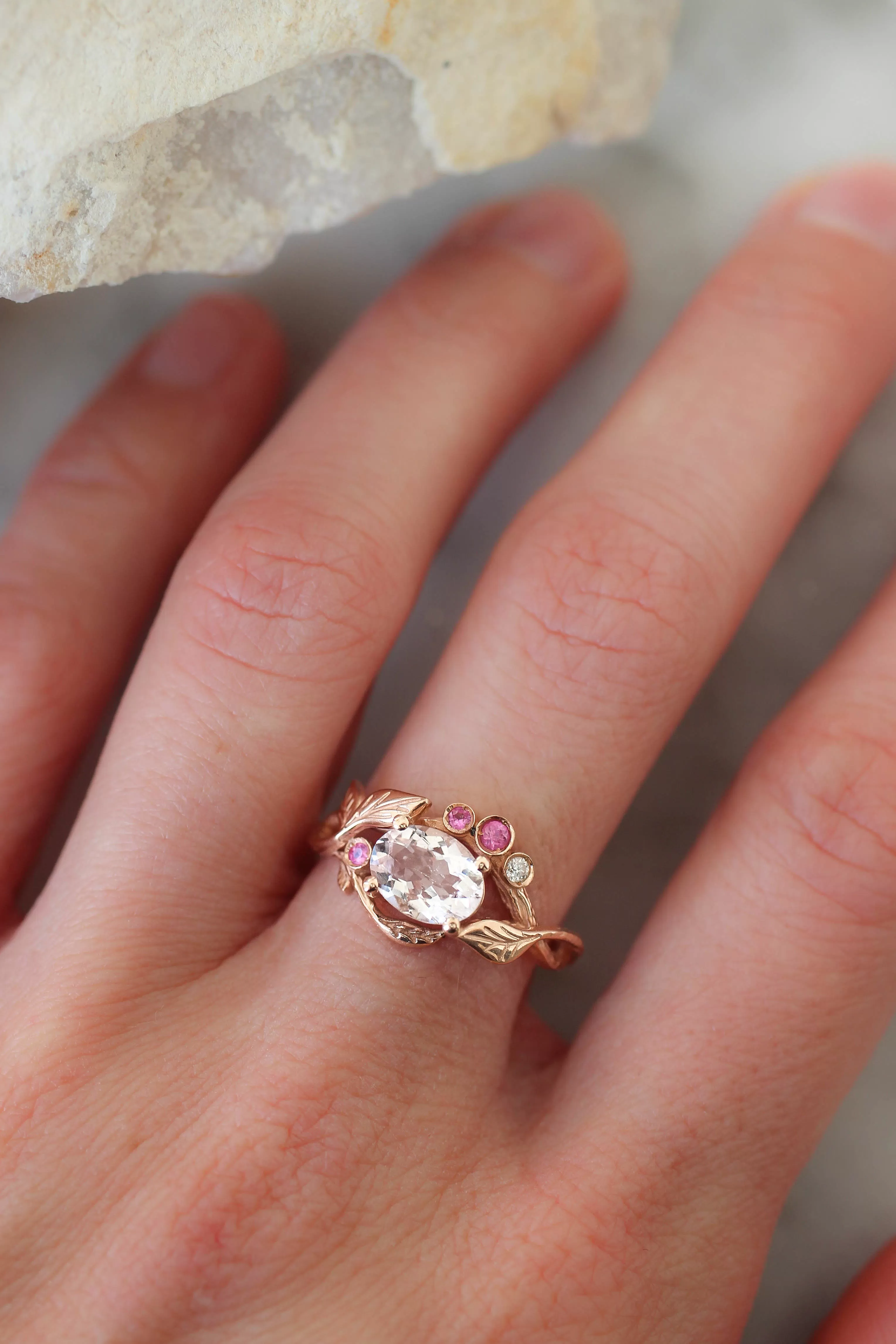 Branch engagement ring with morganite, pink sapphires and diamond