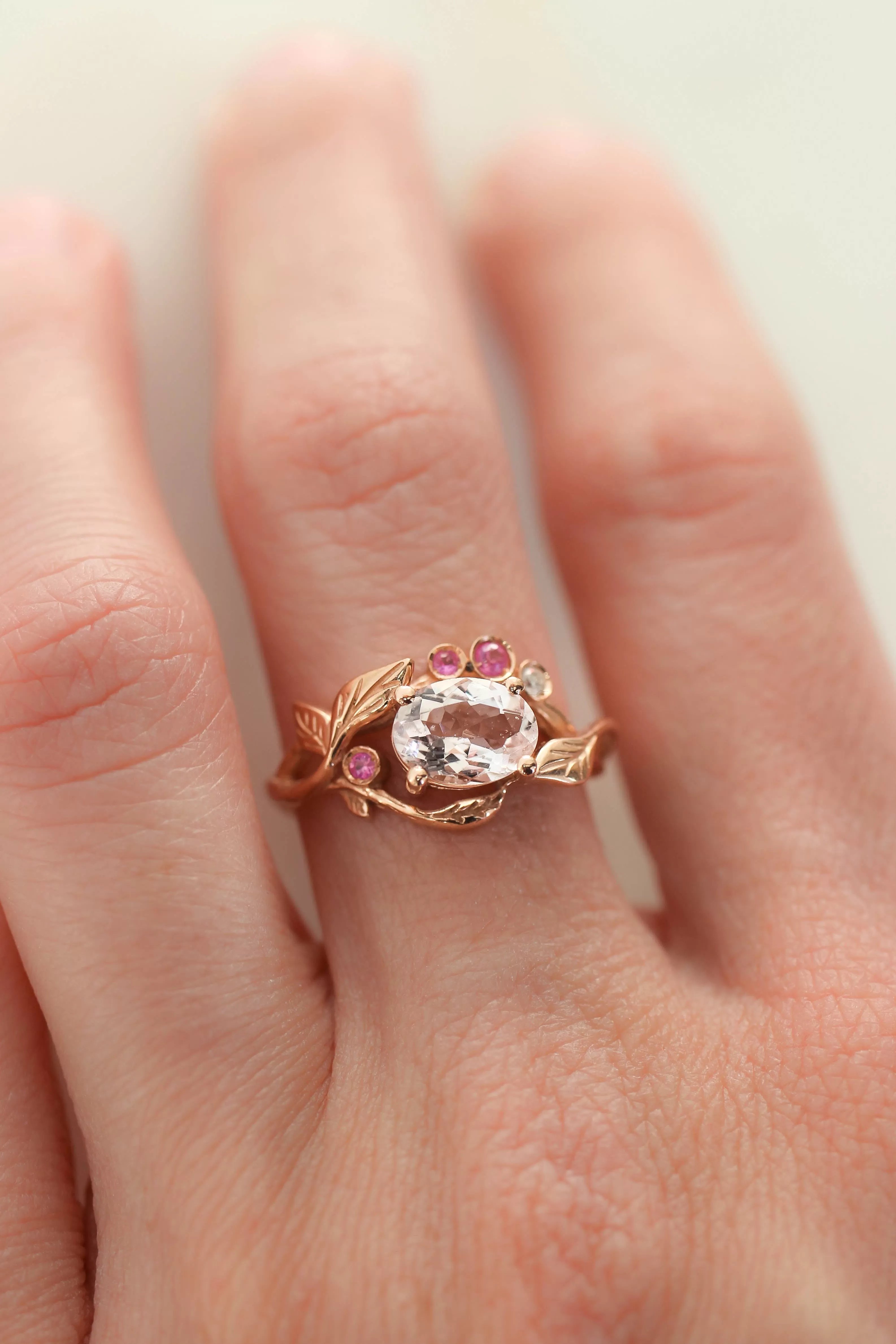 Branch engagement ring with morganite, pink sapphires and diamond