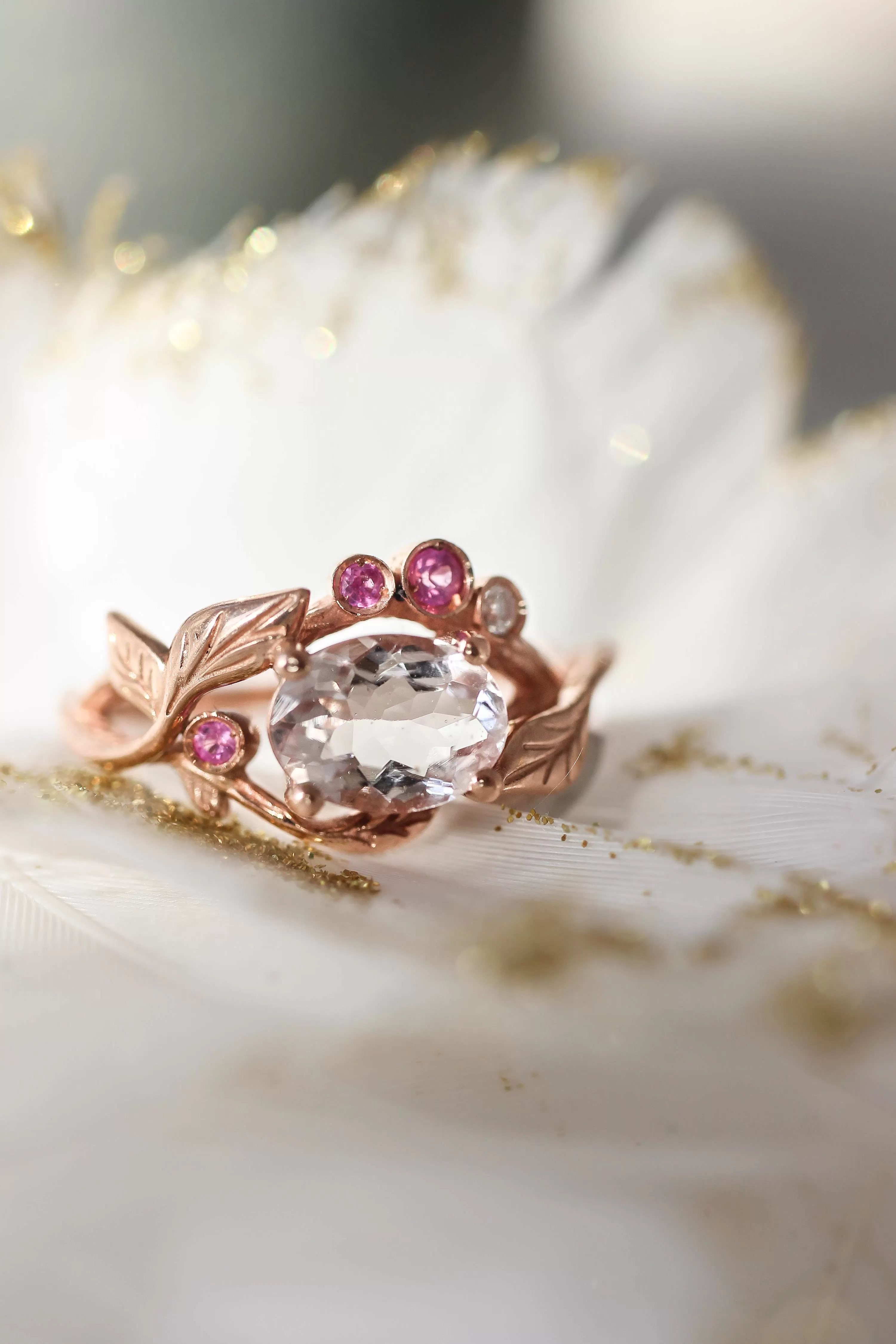 Branch engagement ring with morganite, pink sapphires and diamond