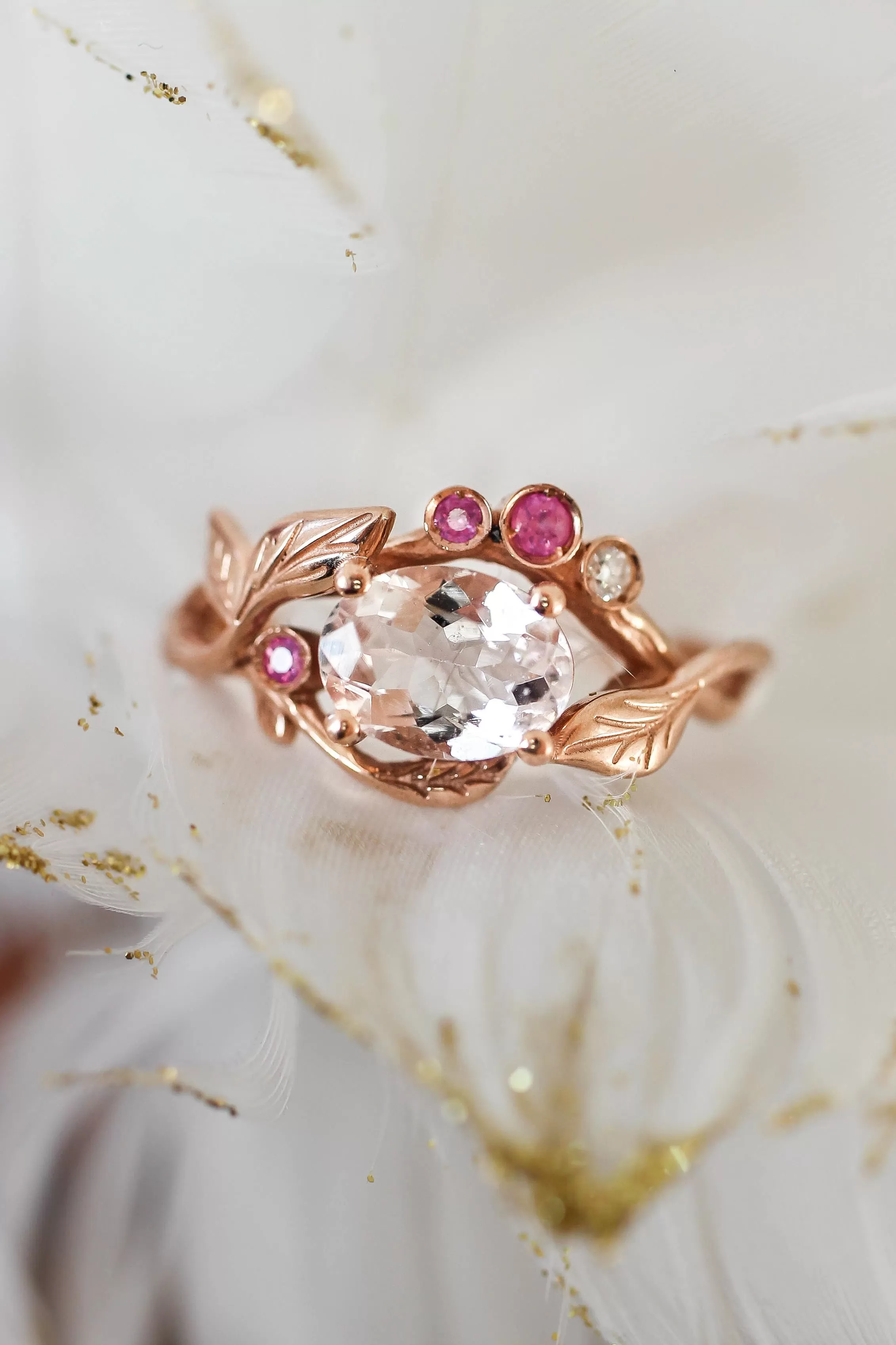 Branch engagement ring with morganite, pink sapphires and diamond