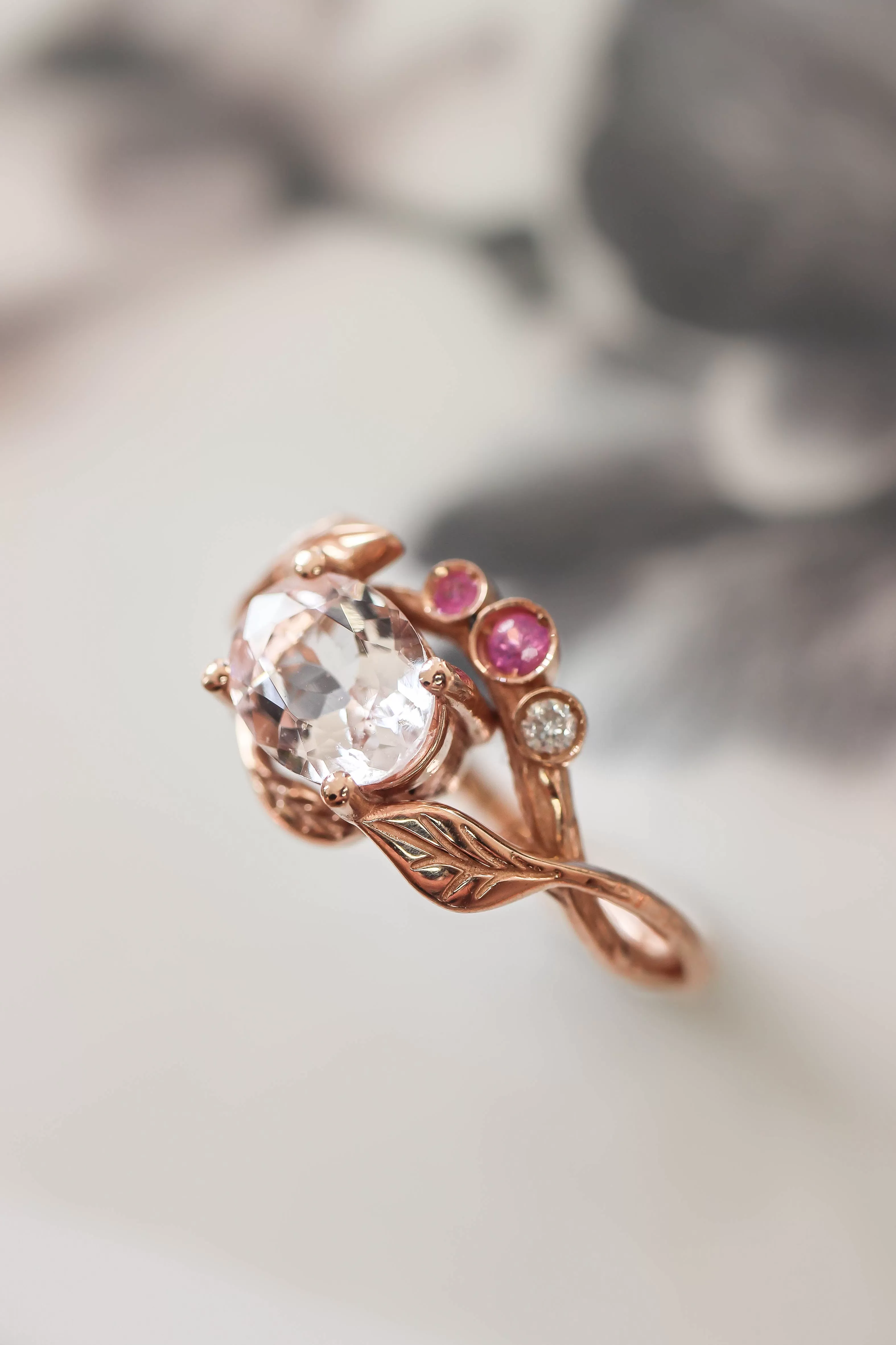 Branch engagement ring with morganite, pink sapphires and diamond