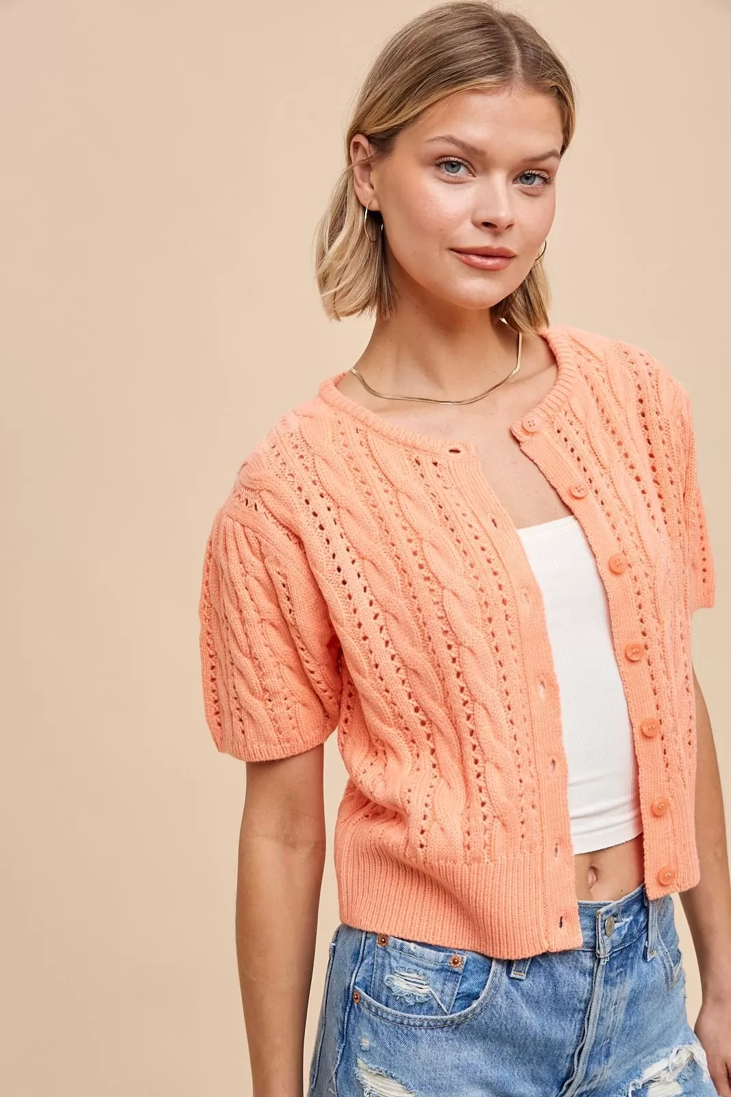 Cable Puff Sleeve Cardigan in Apricot