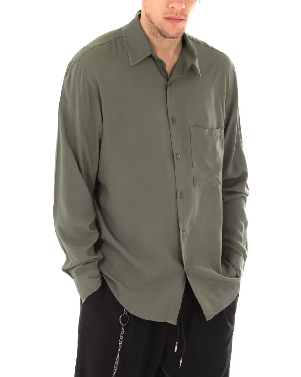 Camicia Uomo Con Colletto Manica Lunga Viscosa Verde Militare Oversize GIOSAL-C1914A