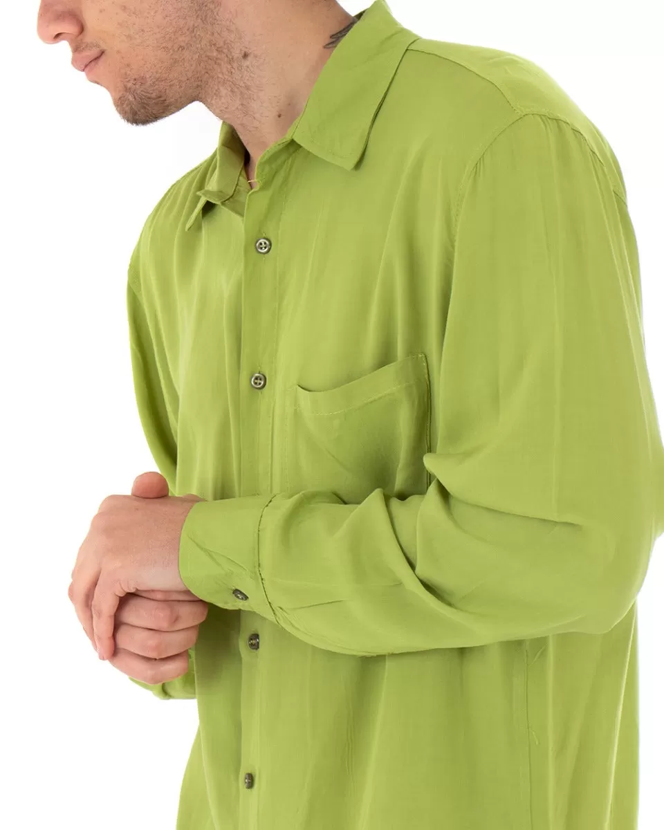 Camicia Uomo Con Colletto Manica Lunga Viscosa Verde Oversize Tinta Unita GIOSAL-C1913A