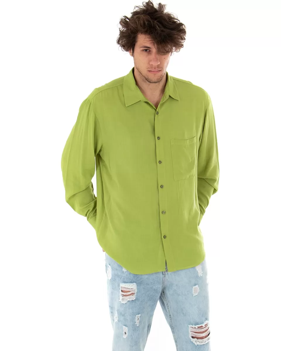 Camicia Uomo Con Colletto Manica Lunga Viscosa Verde Oversize Tinta Unita GIOSAL-C1913A