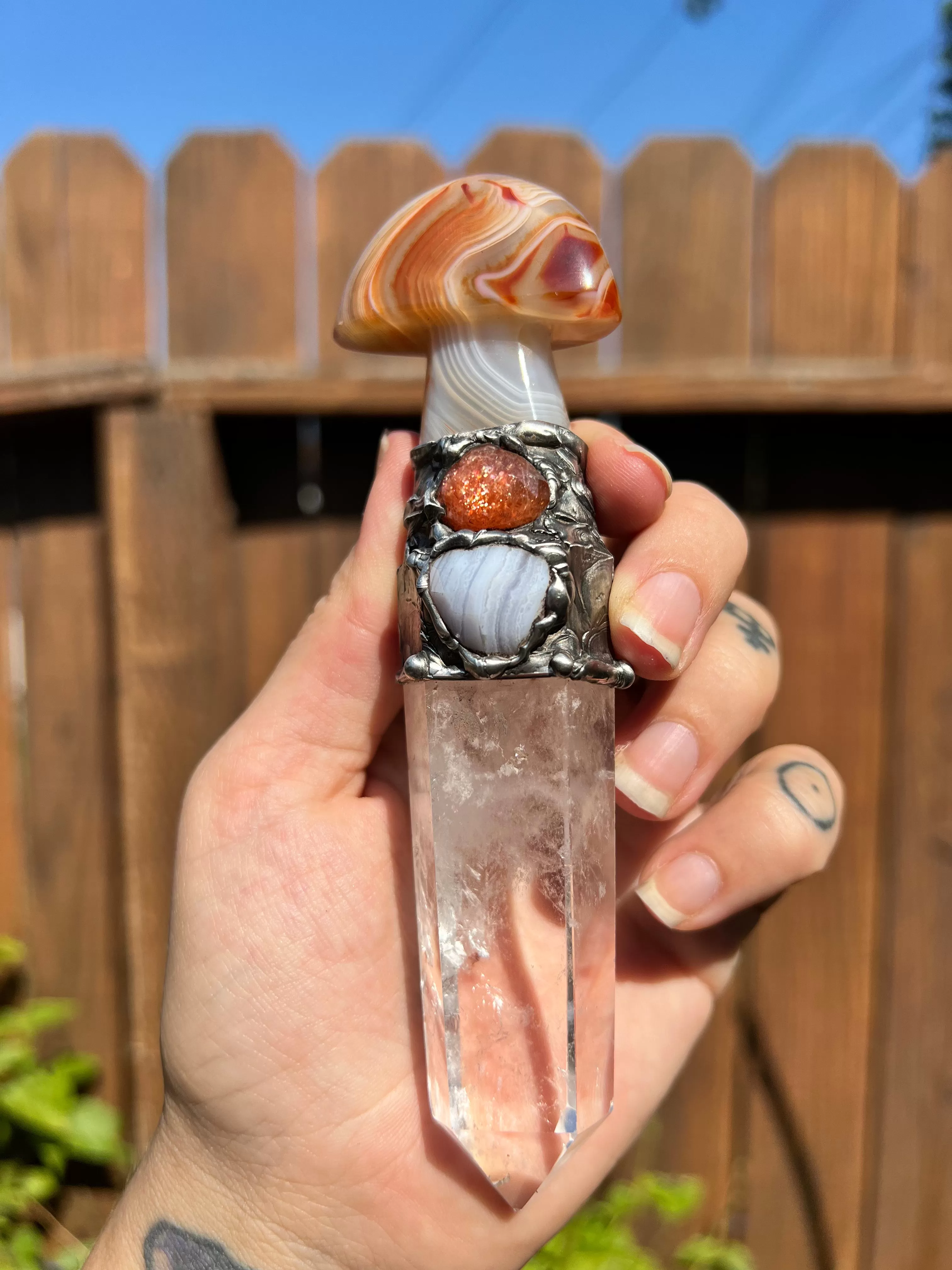 Carnelian Mushroom, Quartz, Sunstone, and Blue Lace Agate wand (spiritual tool)