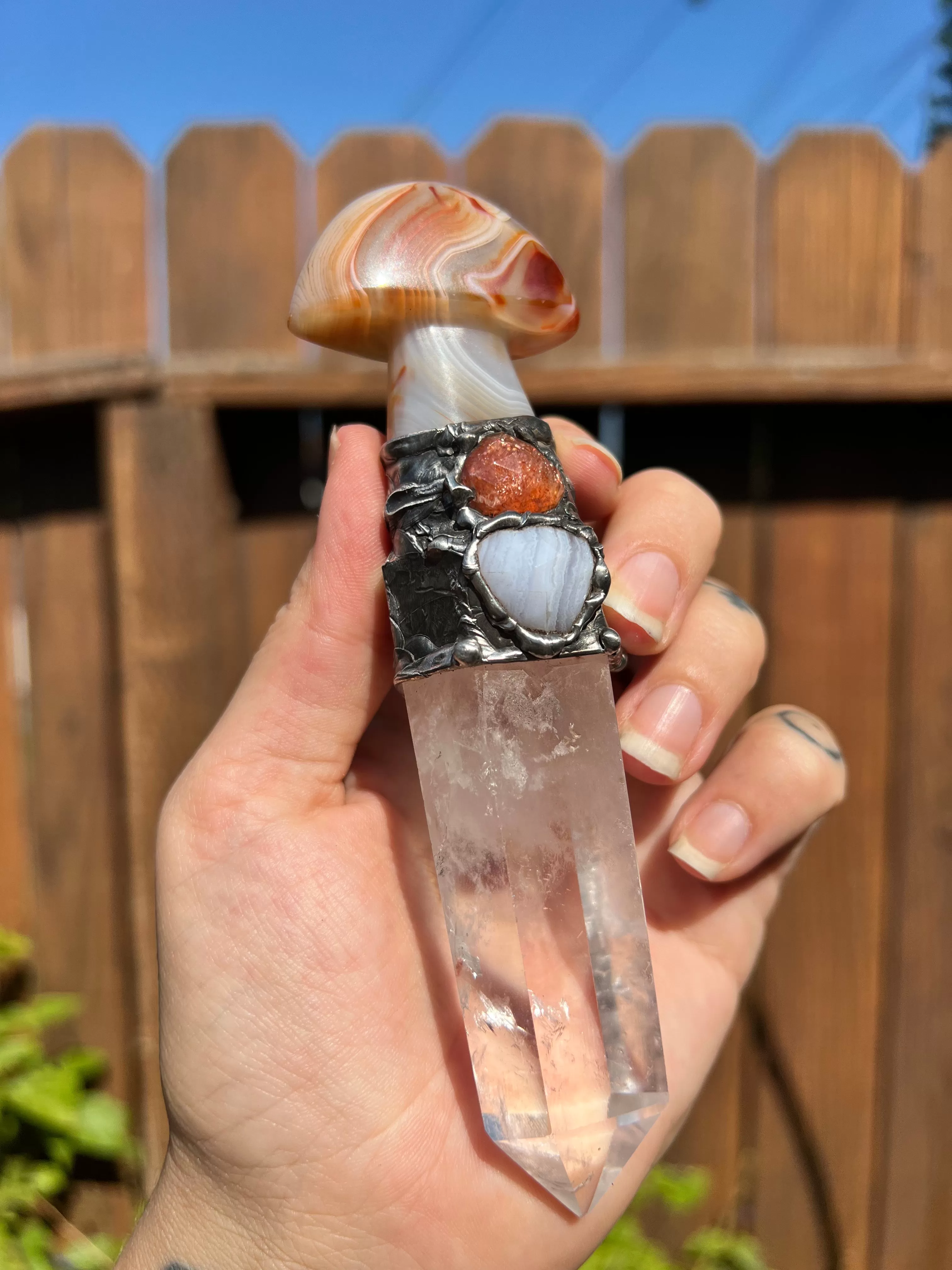 Carnelian Mushroom, Quartz, Sunstone, and Blue Lace Agate wand (spiritual tool)