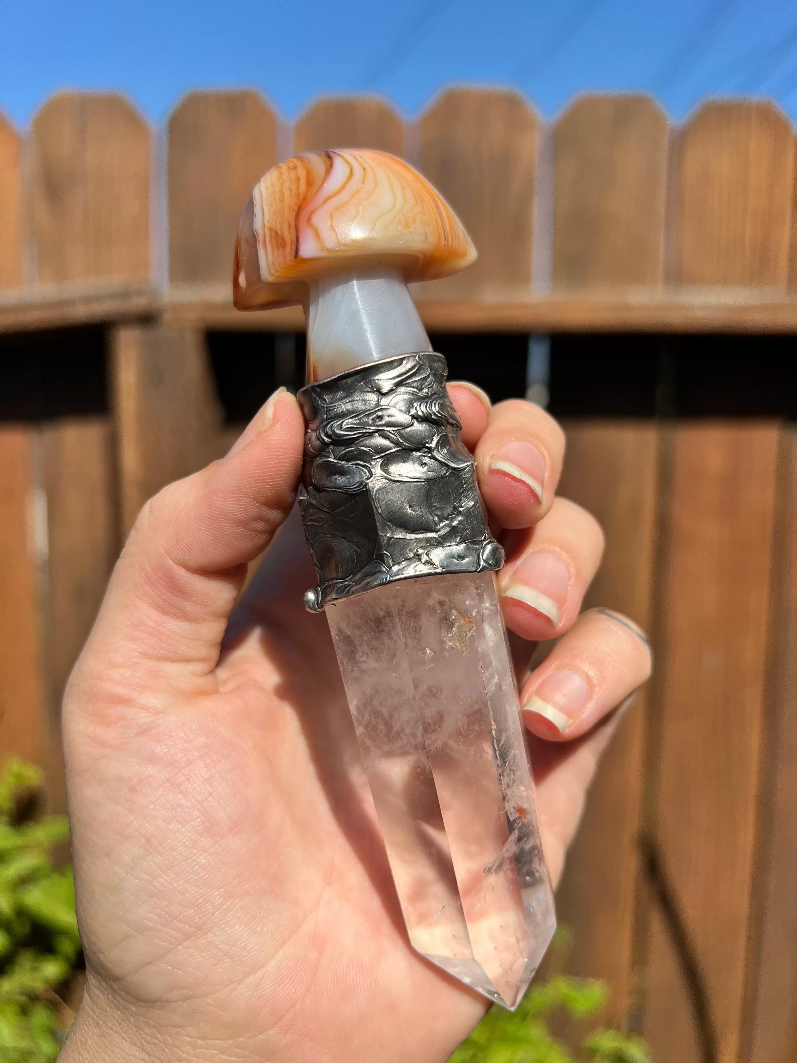 Carnelian Mushroom, Quartz, Sunstone, and Blue Lace Agate wand (spiritual tool)