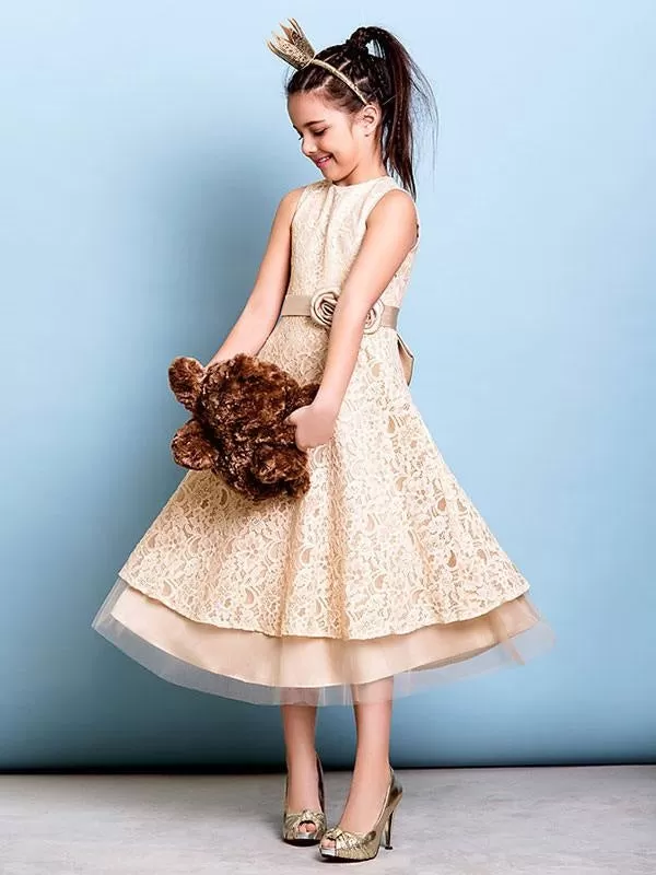 Champagne Golden Jewel Neck Sleeveless A Line Lace Kids Party Dresses