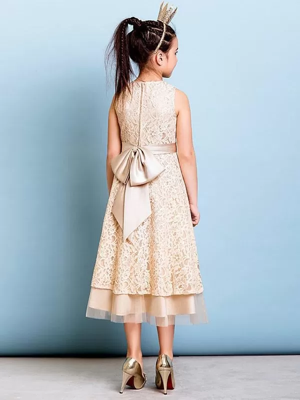 Champagne Golden Jewel Neck Sleeveless A Line Lace Kids Party Dresses