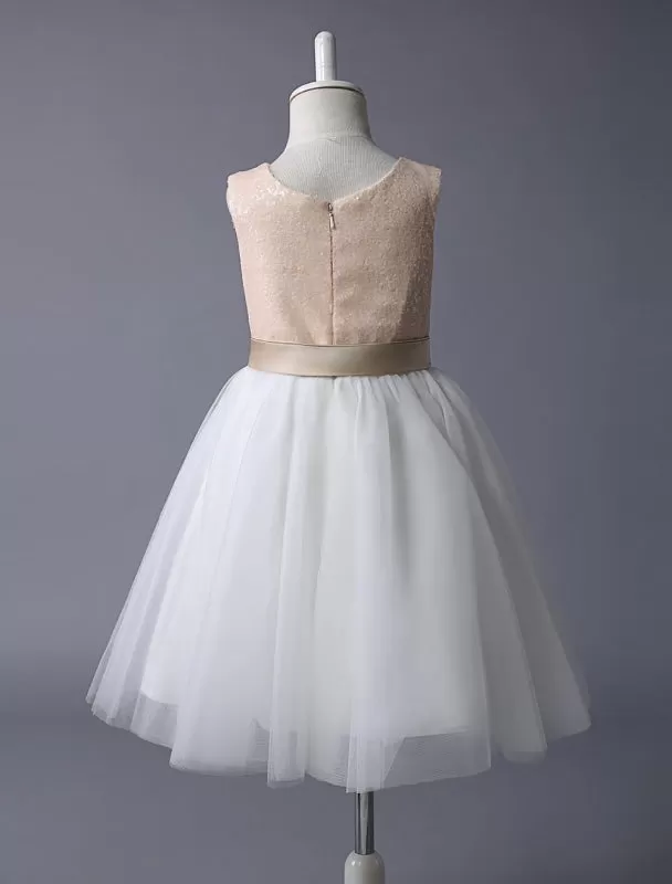 Champagne Tulle A Line Flower Girl Dress Pageant Dress Knee Length Dinner Dress With Bow