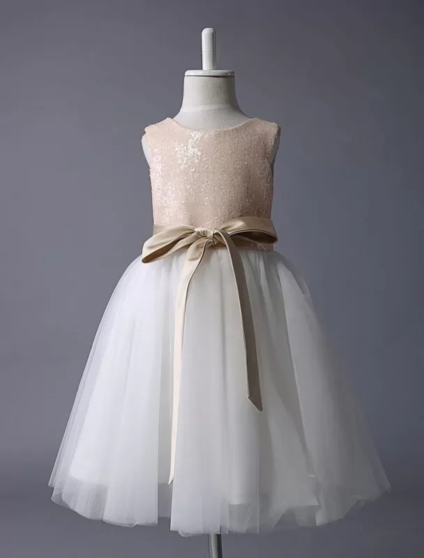 Champagne Tulle A Line Flower Girl Dress Pageant Dress Knee Length Dinner Dress With Bow