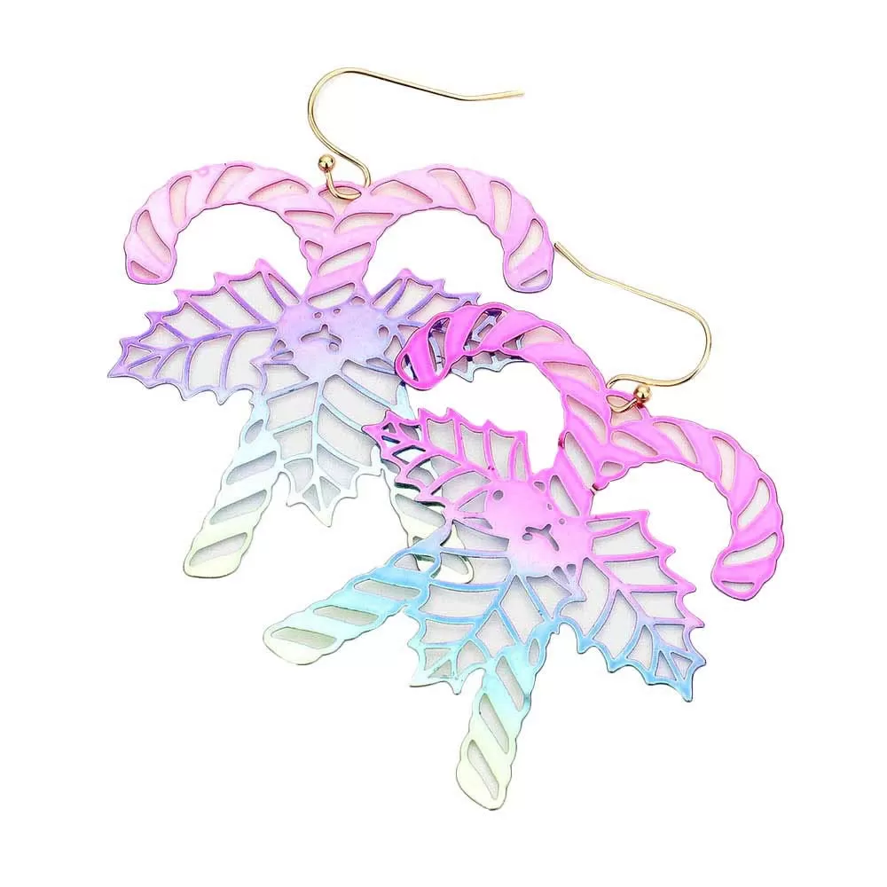 Christmas Cane Metal Cutout Dangle Earrings