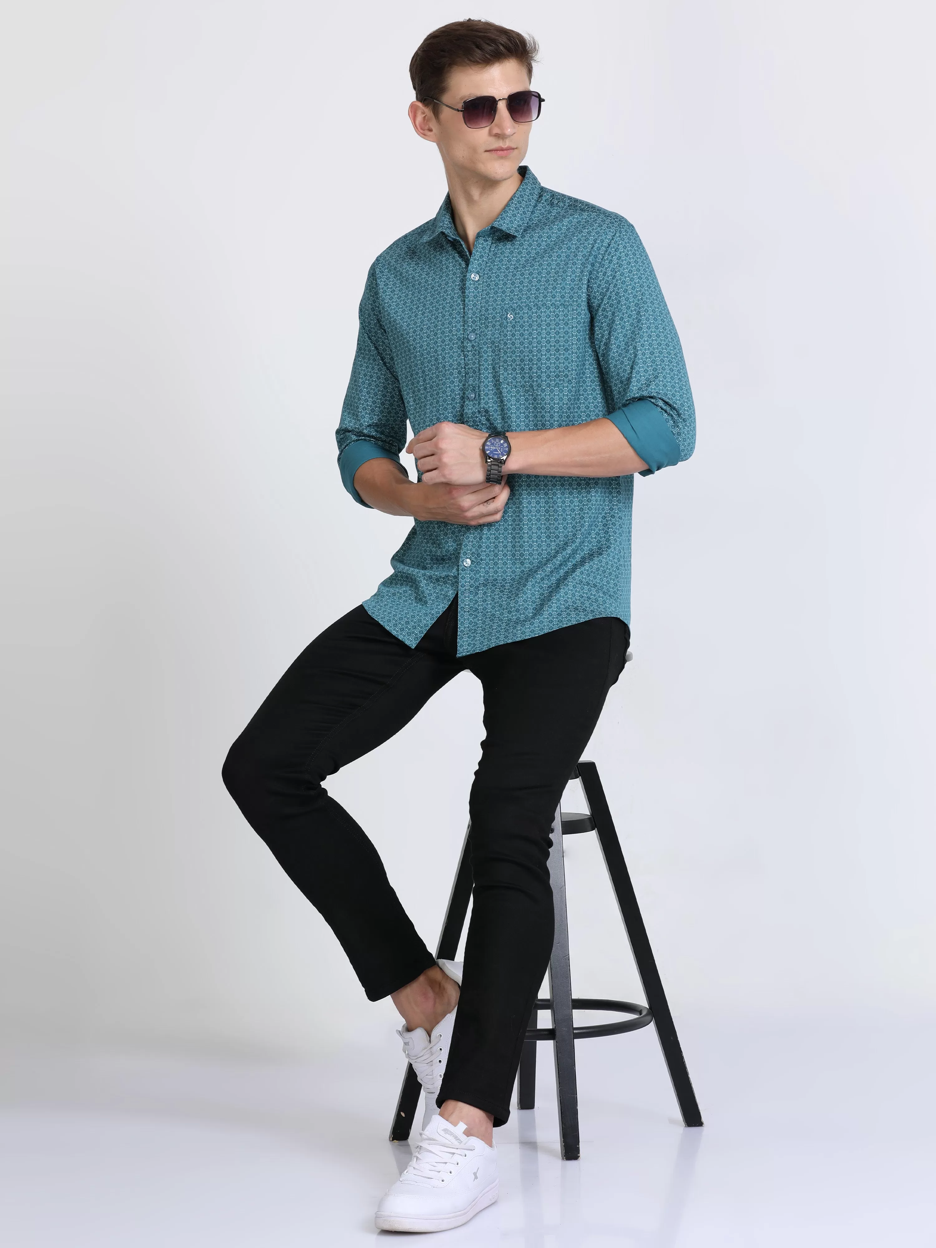 Classic Polo Mens Pure Cotton Polo Neck Printed Full Sleeves Turquoise Color Woven Shirt | So2-171 A-Fs-Prt-Sf