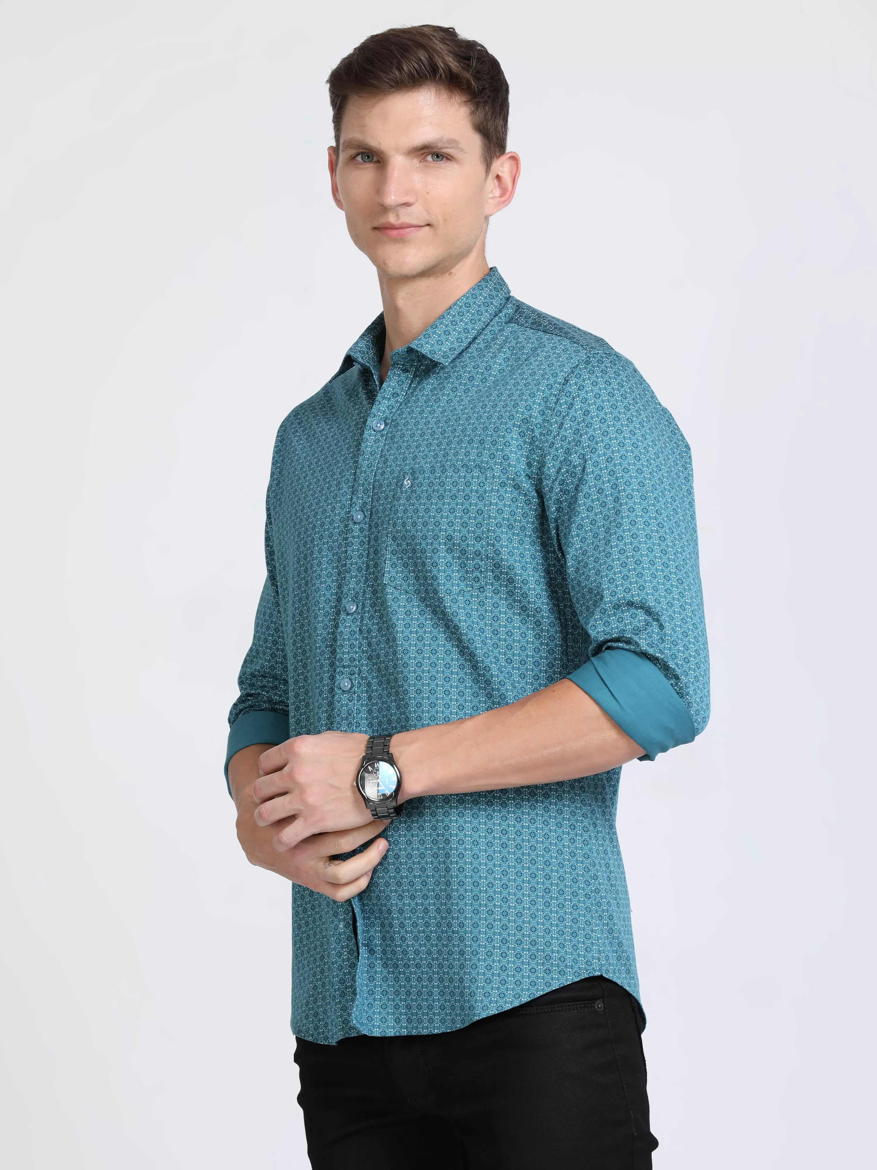 Classic Polo Mens Pure Cotton Polo Neck Printed Full Sleeves Turquoise Color Woven Shirt | So2-171 A-Fs-Prt-Sf