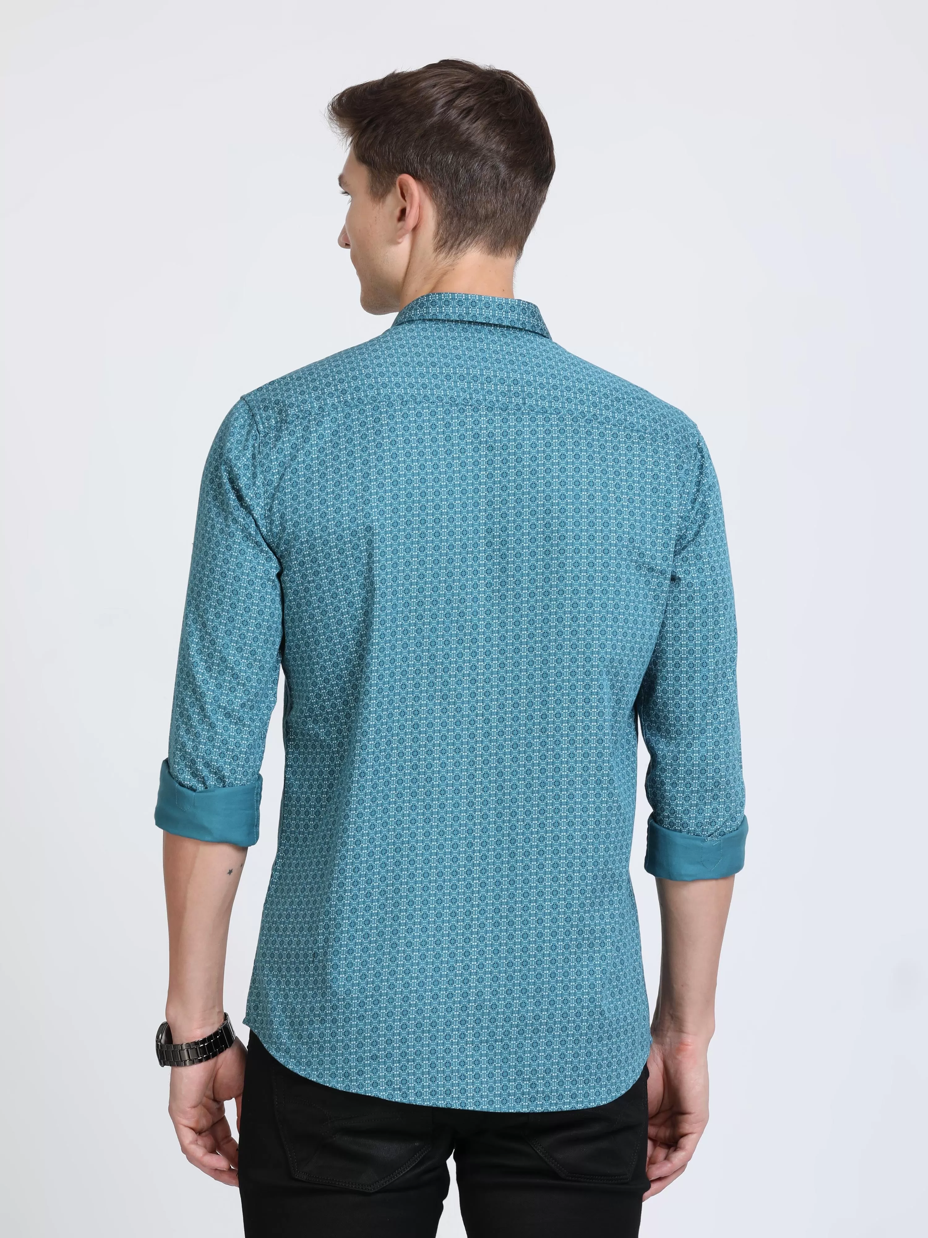 Classic Polo Mens Pure Cotton Polo Neck Printed Full Sleeves Turquoise Color Woven Shirt | So2-171 A-Fs-Prt-Sf