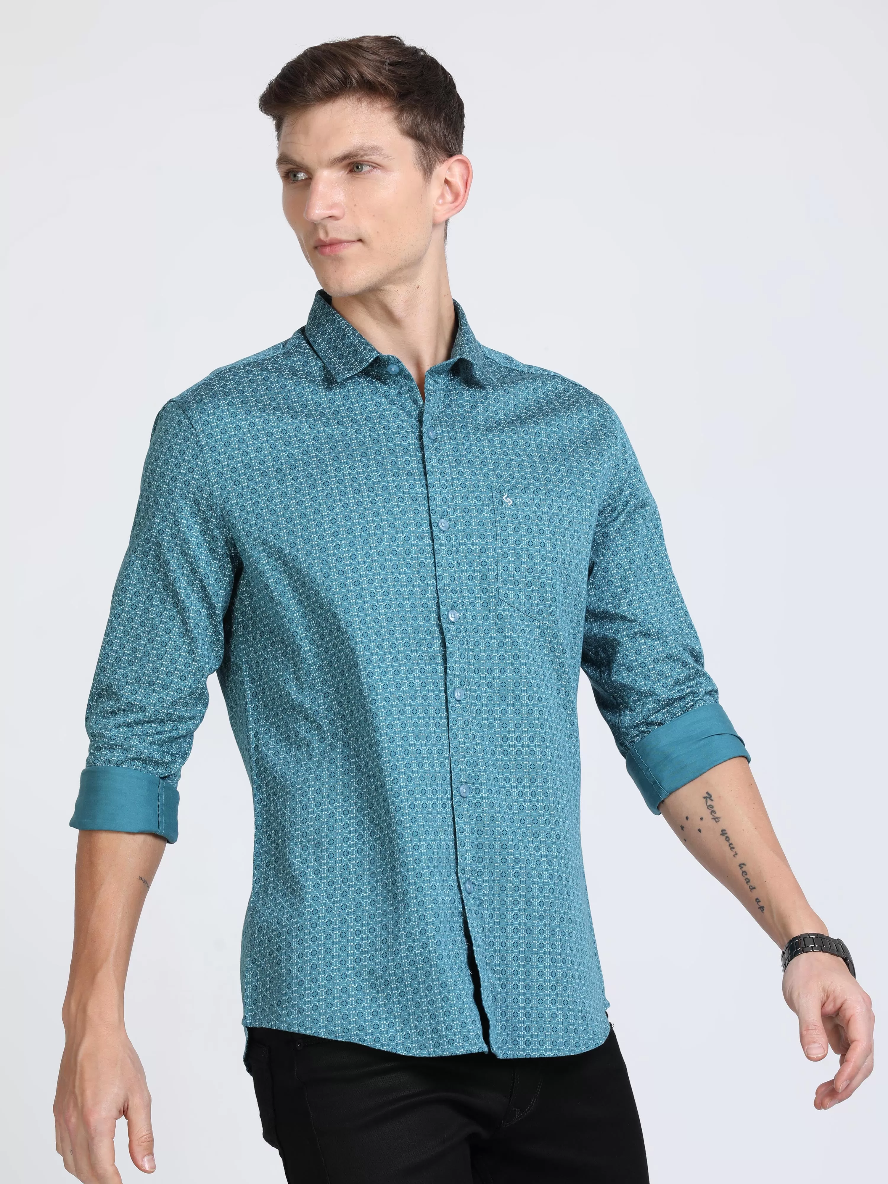 Classic Polo Mens Pure Cotton Polo Neck Printed Full Sleeves Turquoise Color Woven Shirt | So2-171 A-Fs-Prt-Sf