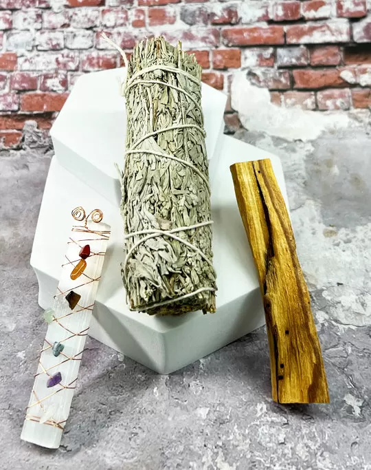 Cleansing Bundle | Selenite Chakra Stone Wand, Sage Smudge Stick & Palo Santo Stick