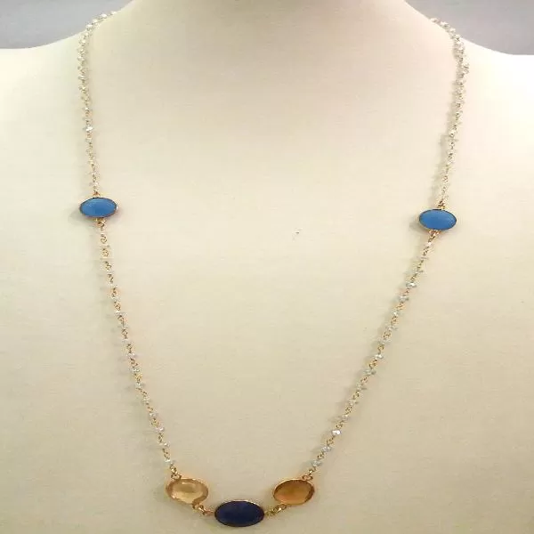 Clear Quartz Chain with Blue Agate, Citrine and Blue Sapphire Jeweled Necklace