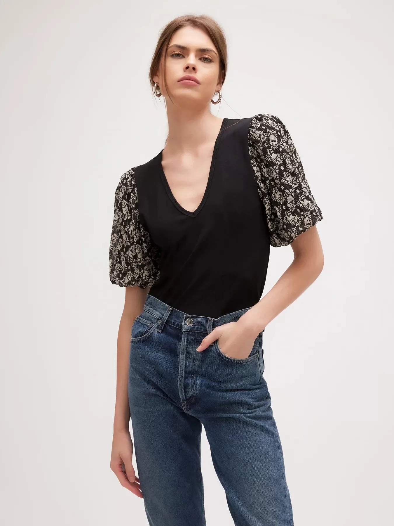 CONTRAST PUFF SLEEVE TOP-Fifteen Twenty