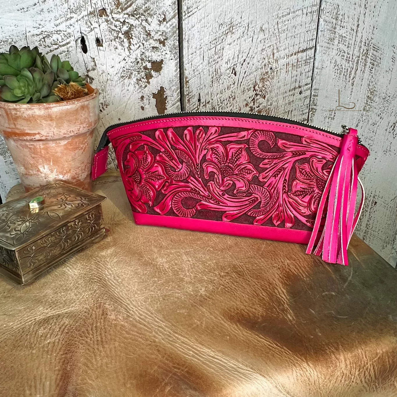 Cosmetica Chica Tooled Leather in Pink -Cosmetic Tote