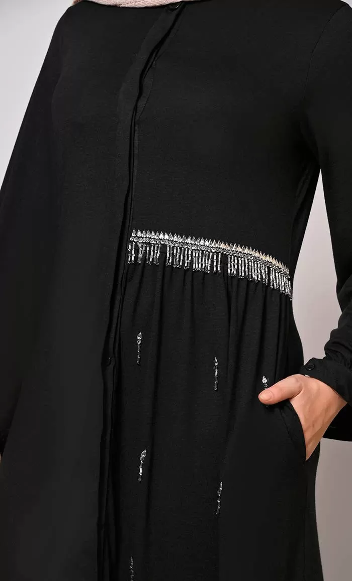 Crafted With Care: Black Abaya with one side waist Gathers and Handwork