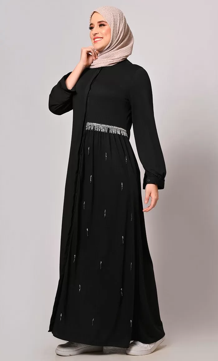 Crafted With Care: Black Abaya with one side waist Gathers and Handwork