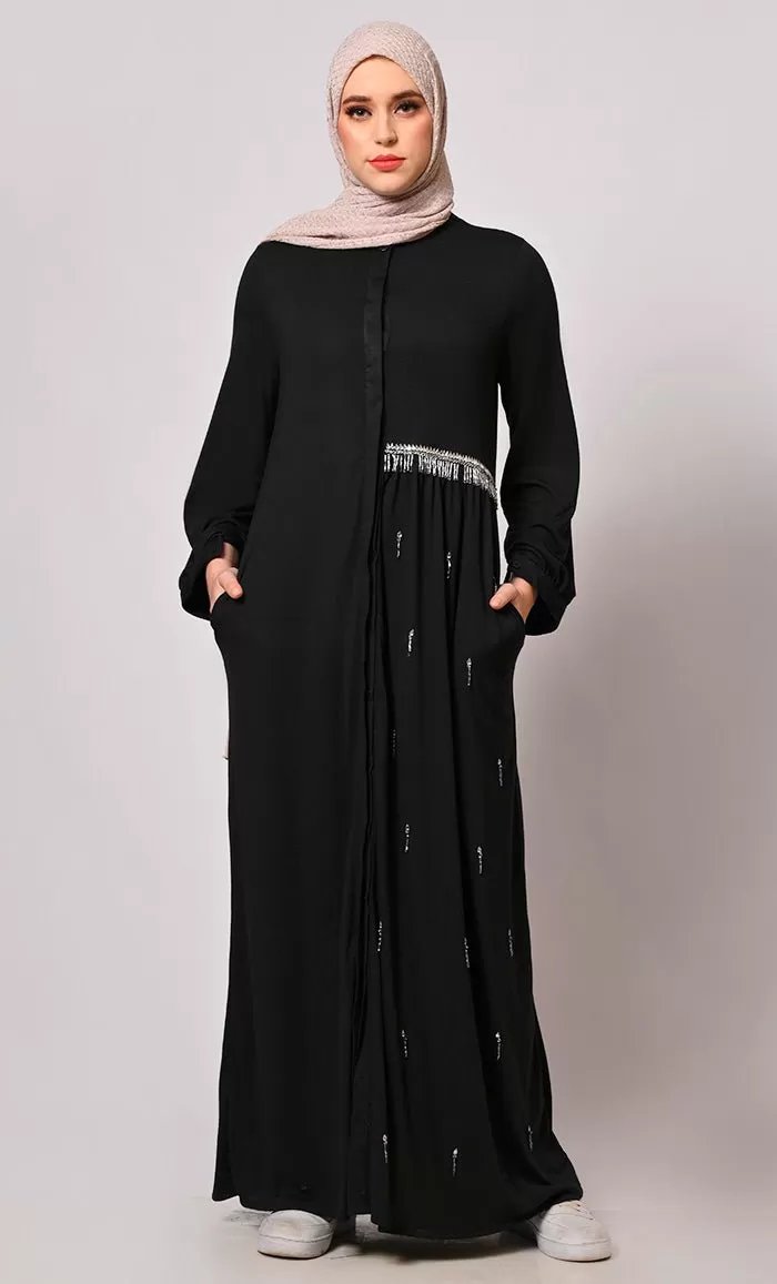 Crafted With Care: Black Abaya with one side waist Gathers and Handwork