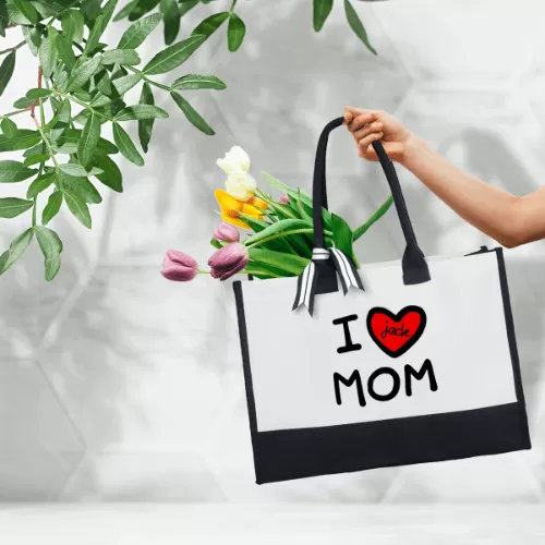 Custom Name Love Heart Canvas Shoulder Tote Bag Embroidery Personalized Environmental Protection Handbag Mom Tote Bag Mommy Bag Mom Gift