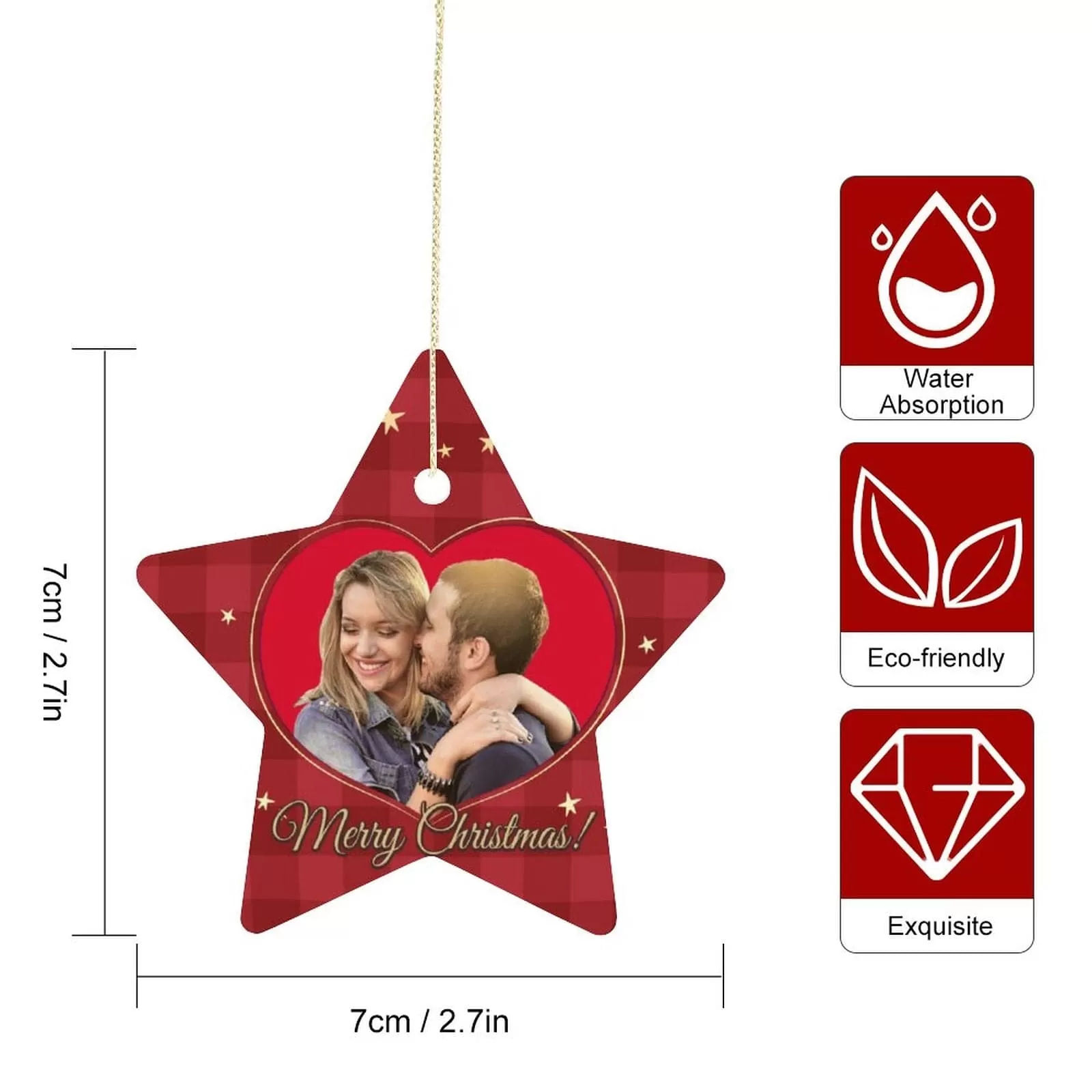 Custom Photo Couple Christmas Star Ornament Merry Christmas Red Heart Pendant