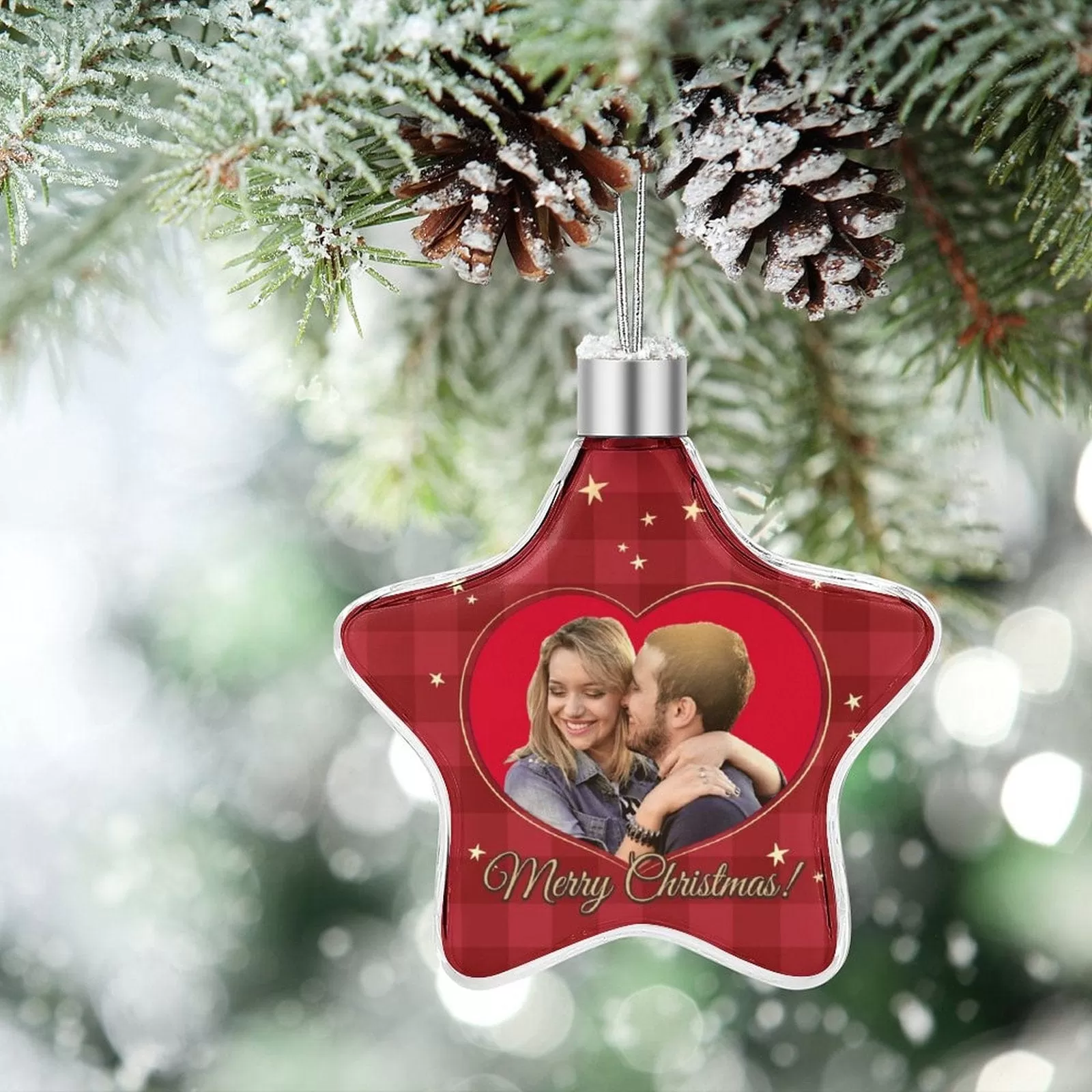 Custom Photo Couple Christmas Star Ornament Merry Christmas Red Heart Pendant