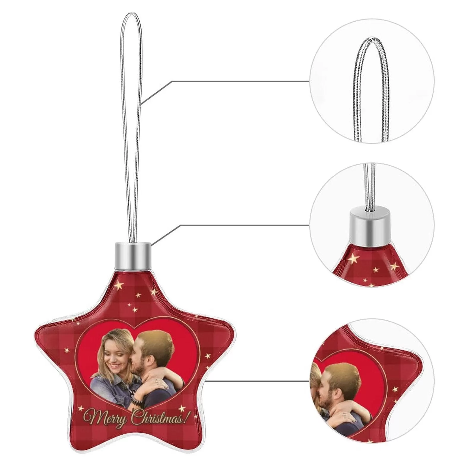 Custom Photo Couple Christmas Star Ornament Merry Christmas Red Heart Pendant