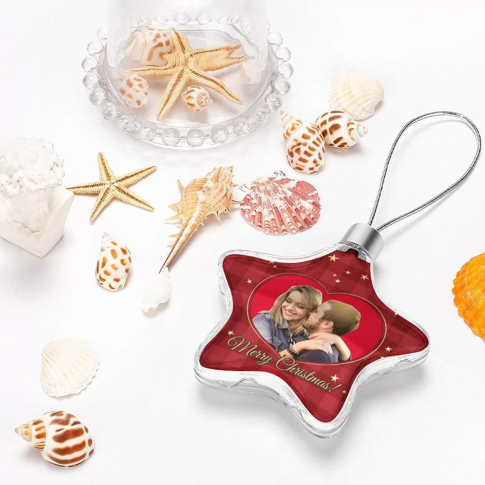 Custom Photo Couple Christmas Star Ornament Merry Christmas Red Heart Pendant