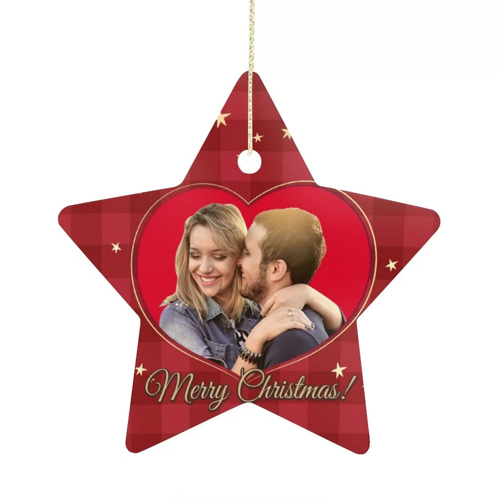 Custom Photo Couple Christmas Star Ornament Merry Christmas Red Heart Pendant