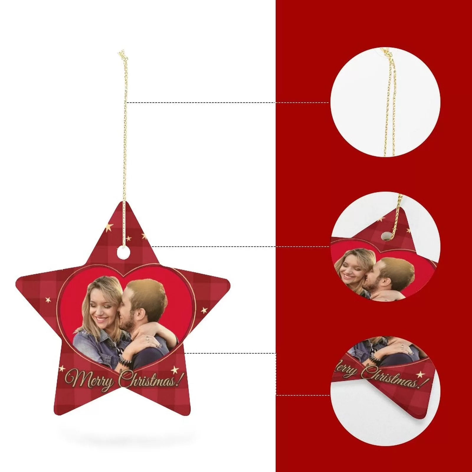 Custom Photo Couple Christmas Star Ornament Merry Christmas Red Heart Pendant