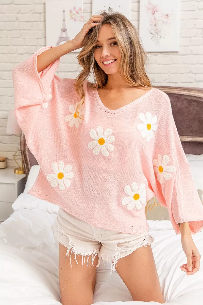 Daisy Flower Embroidery Loose Fit Knit Top