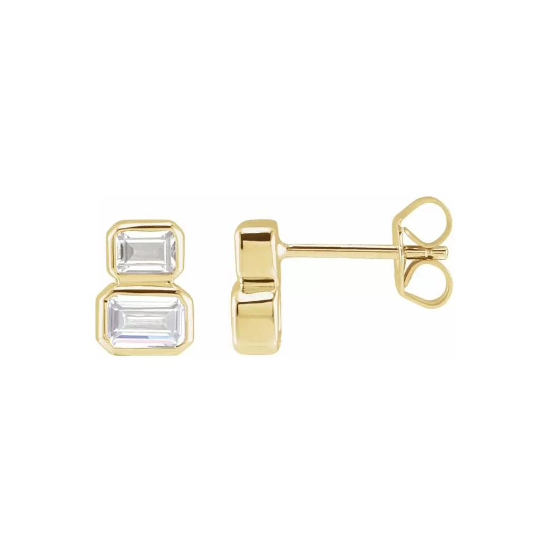 DOUBLE EMERALD CUT DIAMOND BEZEL STUD EARRINGS