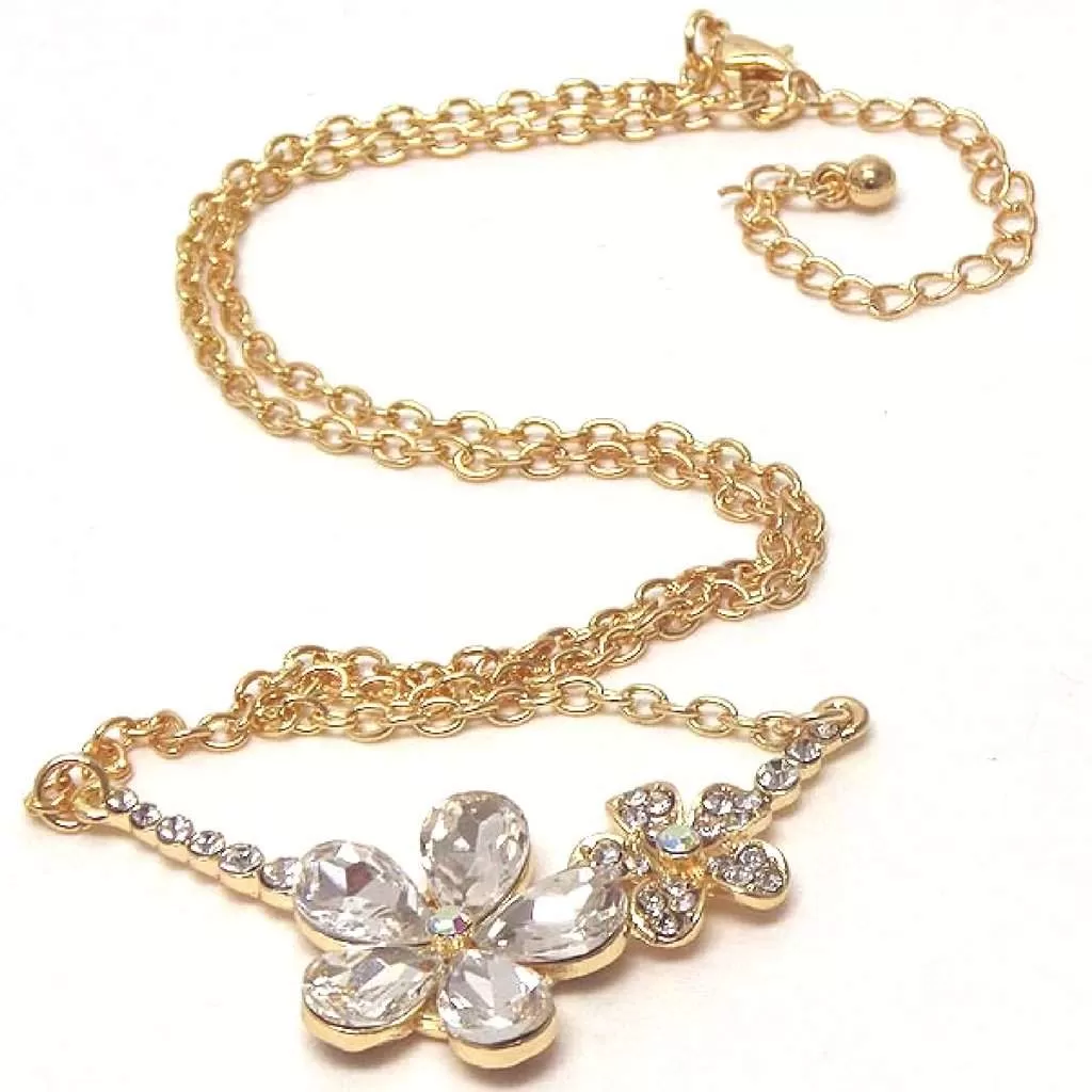 Double Gold Crystal Flower Link Necklace