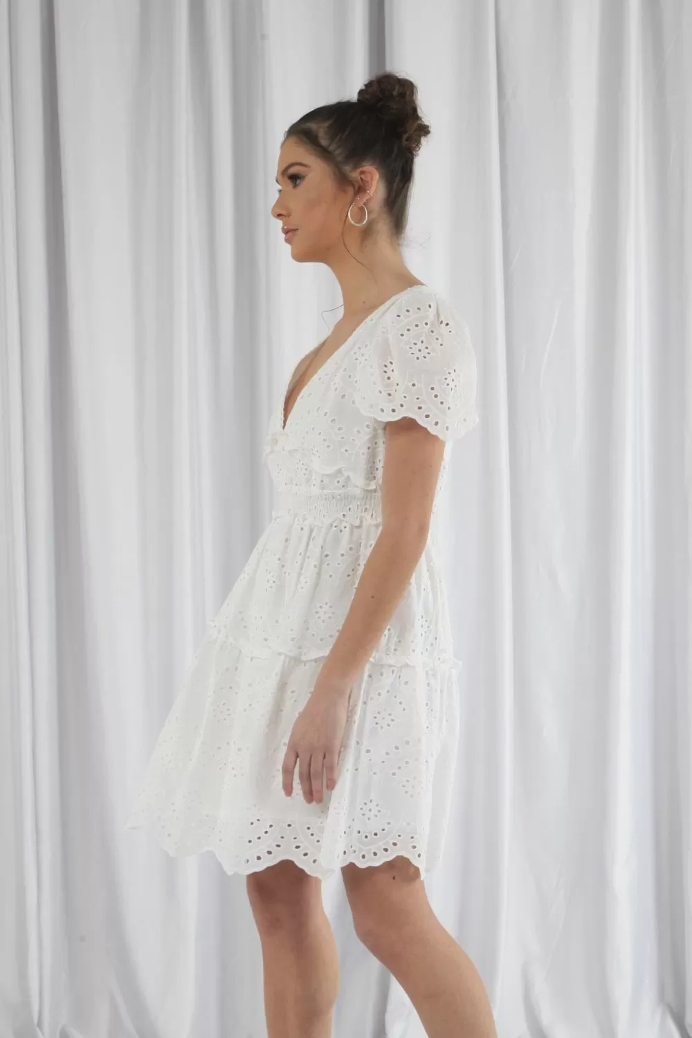 Double Second Puff Sleeve White Broderie Dress