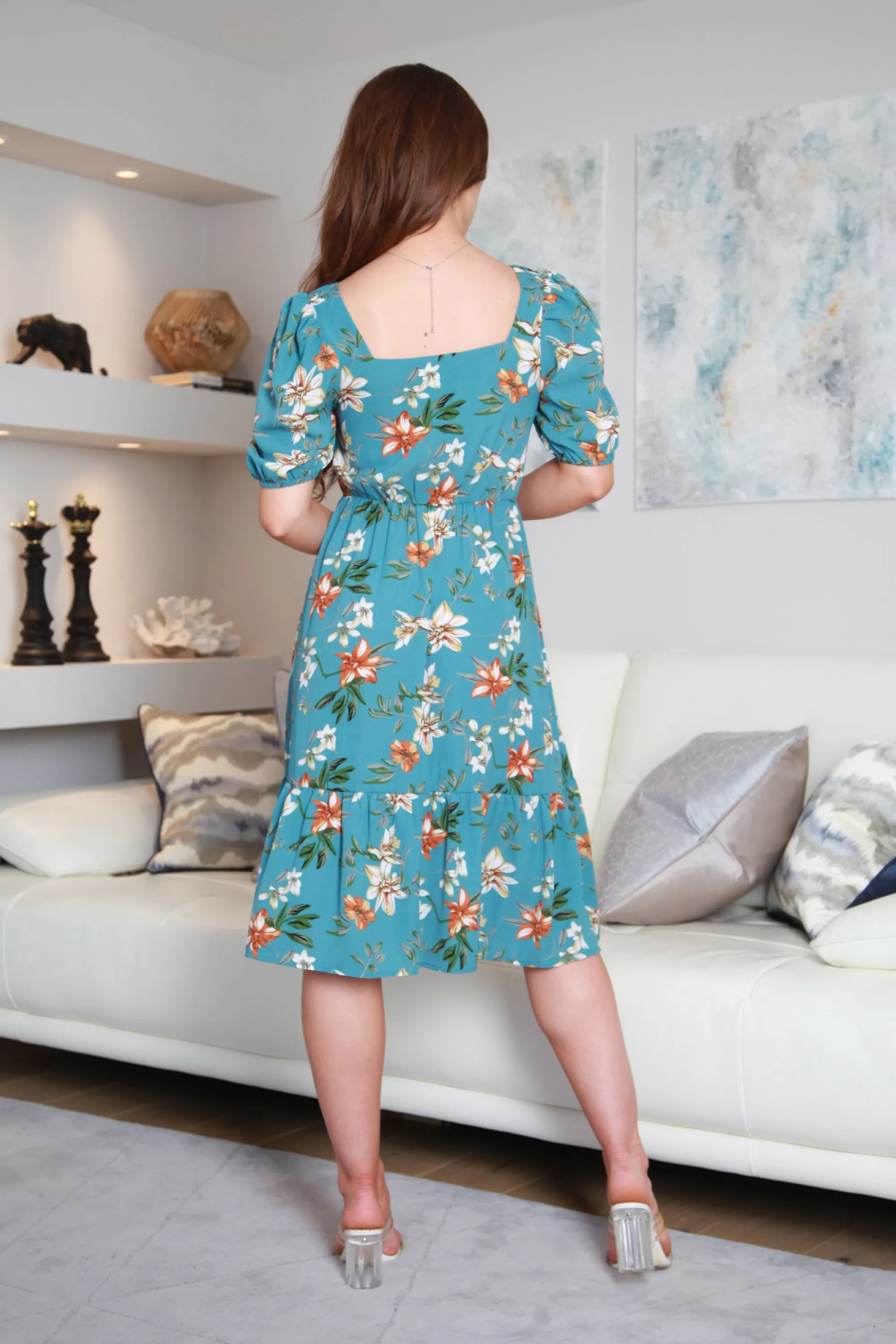 Double Second Teal Floral Square Neck Dress